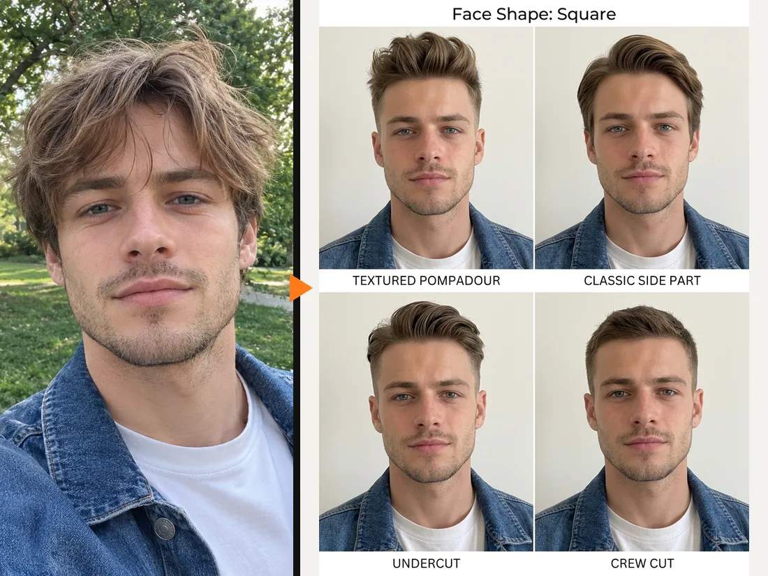 Before and after: a selfie with messy hair and a sheet of four haircuts that suit a square face on the same man
