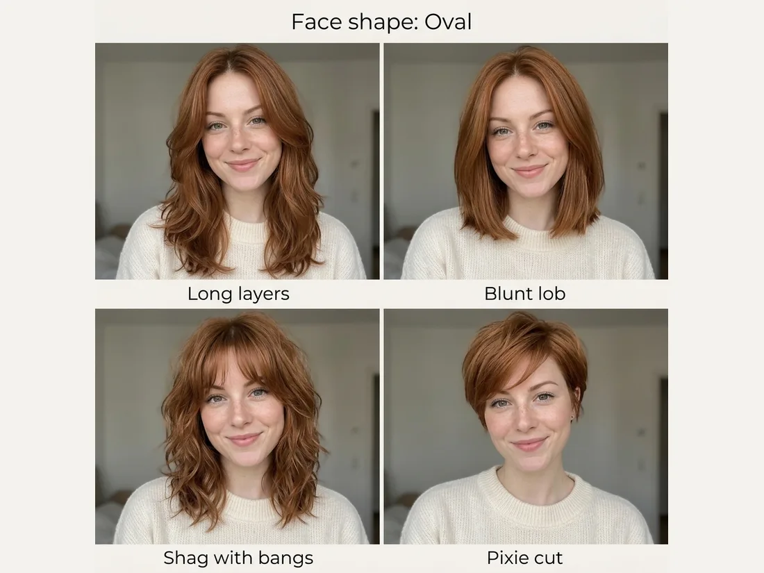 Four haircuts on the same woman: long layers, blunt lob, shag with bangs and pixie cut
