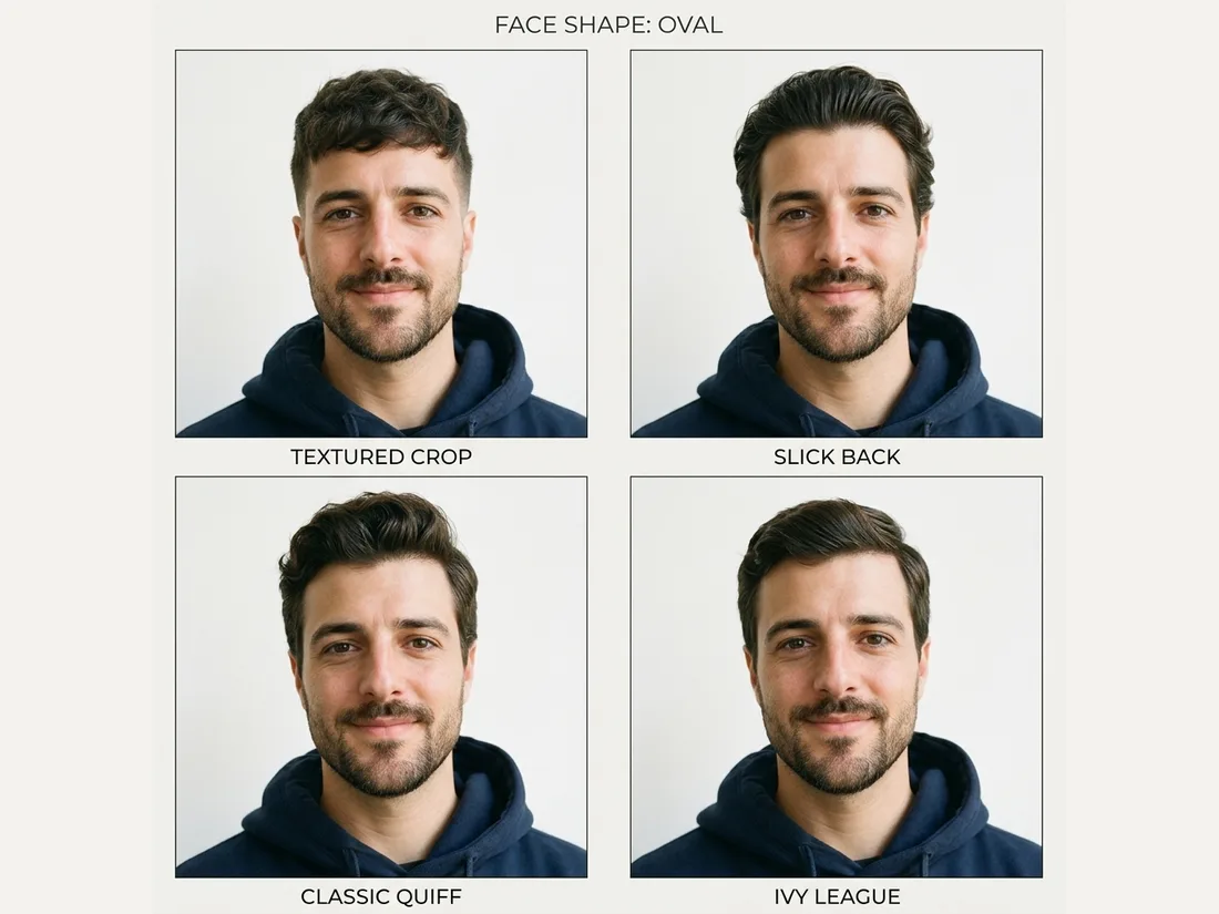 Four haircuts on the same man: textured crop, slick back, classic quiff and ivy league