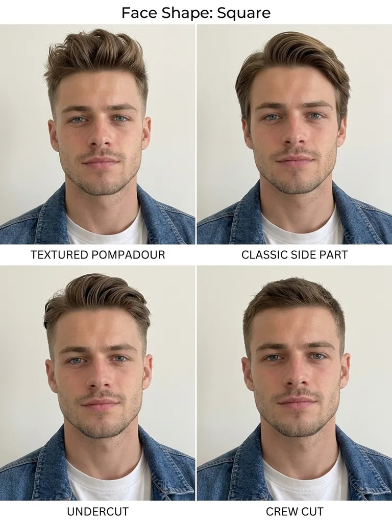 What hairstyle suits me result: face shape square and four haircuts on the same man, textured pompadour, classic side part, undercut and crew cut