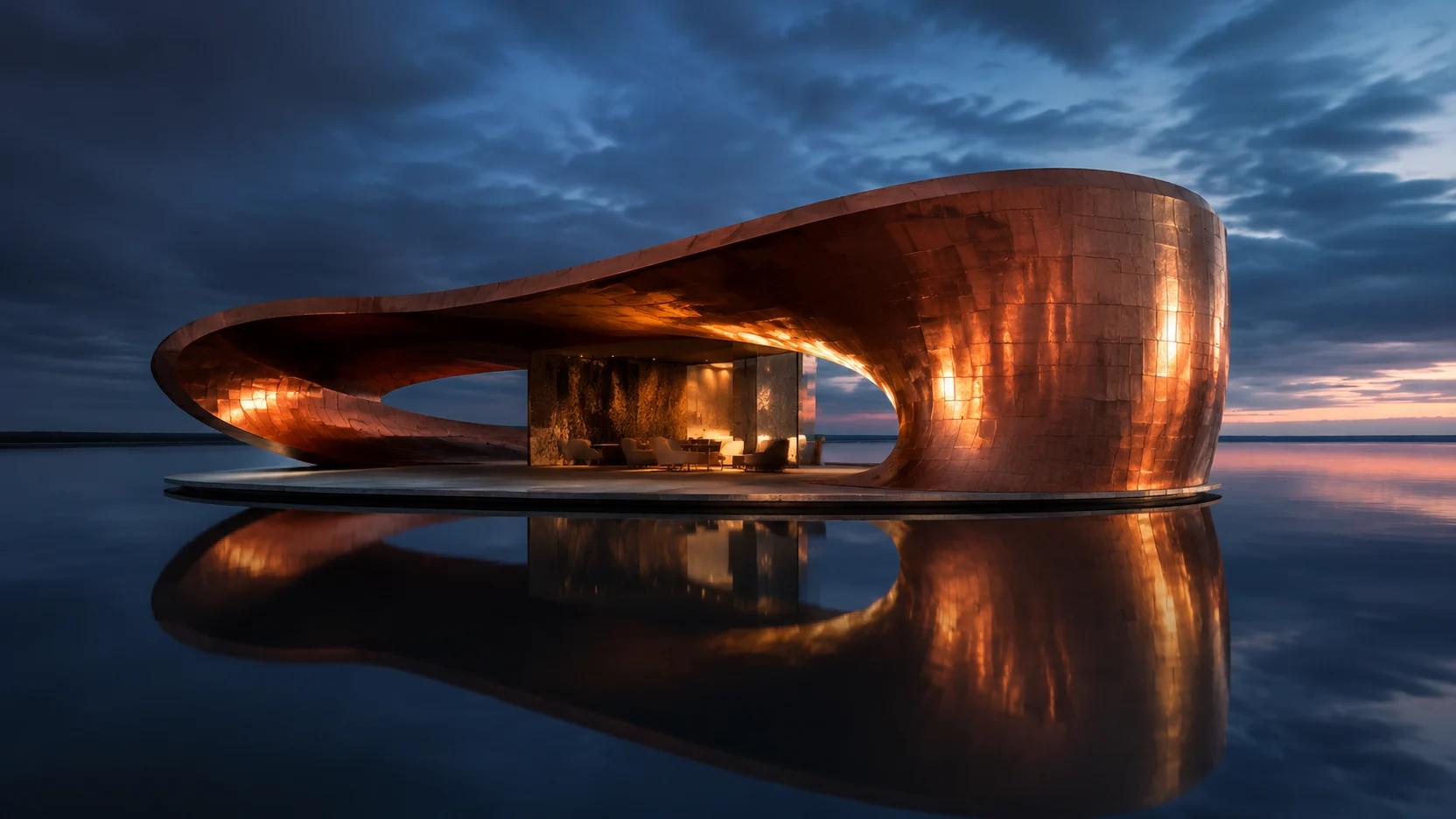 Curved copper pavilion floating over dark reflective water at blue hour