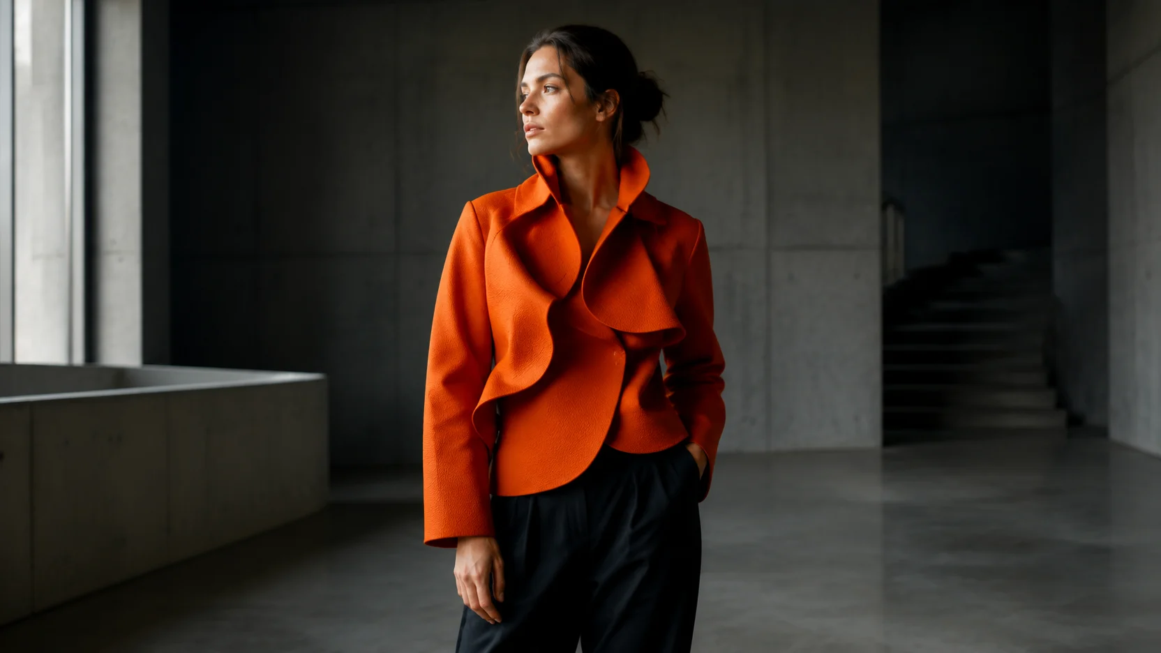 Adult woman in an orange jacket standing in a modern concrete gallery