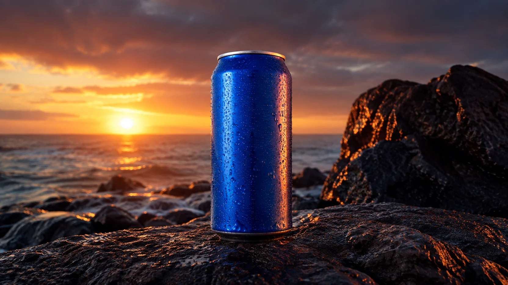 Blue drink can on dark volcanic rock at sunset in a wide commercial photograph