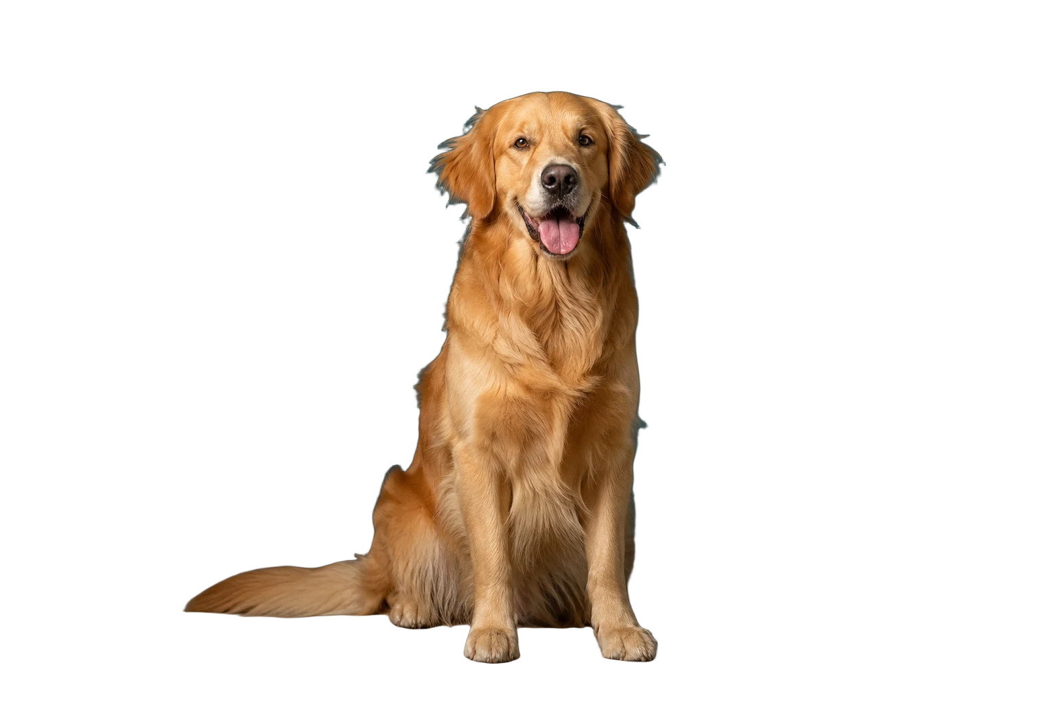 The golden retriever isolated from the teal wall with soft fur around its outline