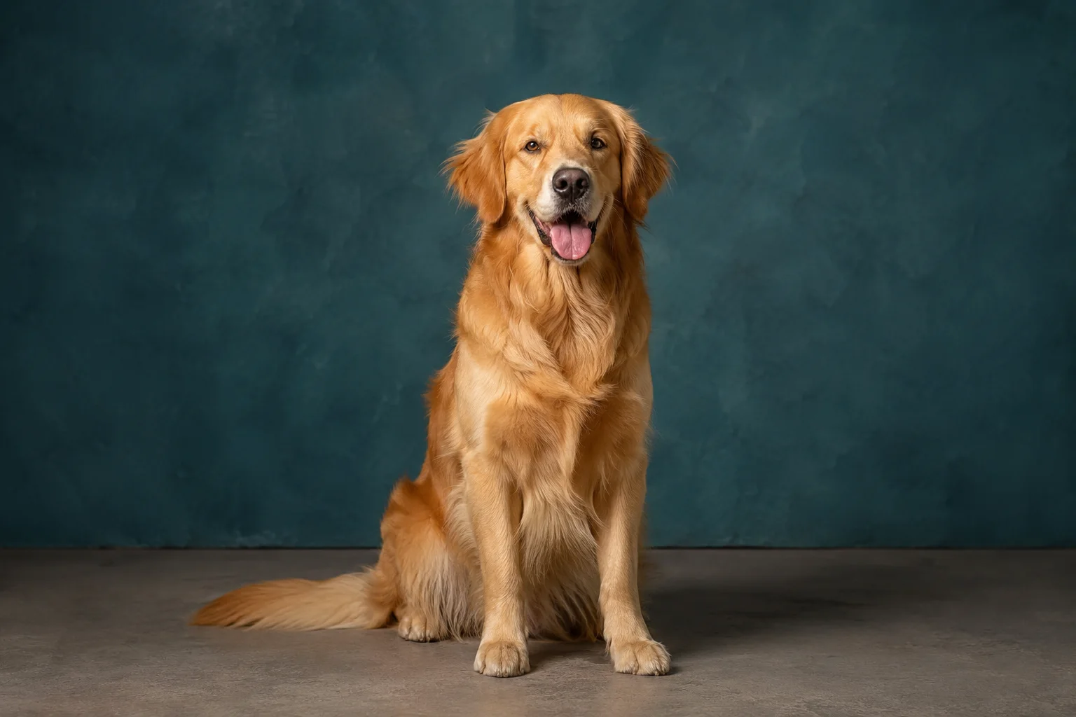 Golden retriever sitting in front of a teal studio wall