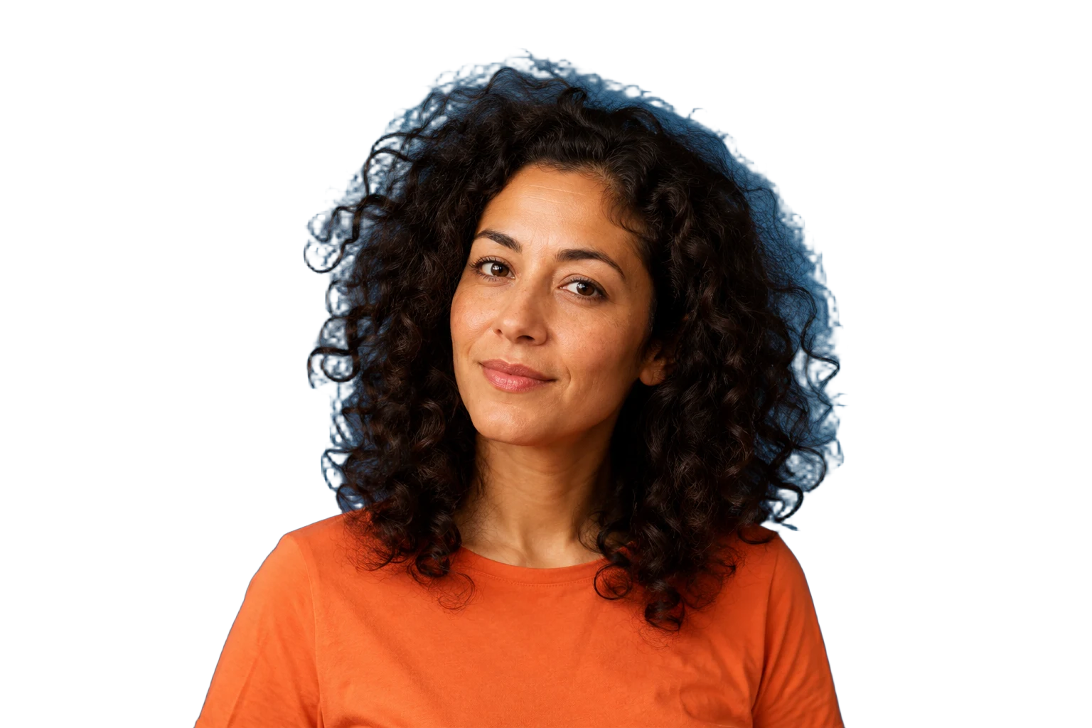 The same woman with the blue backdrop removed, showing the retained curls