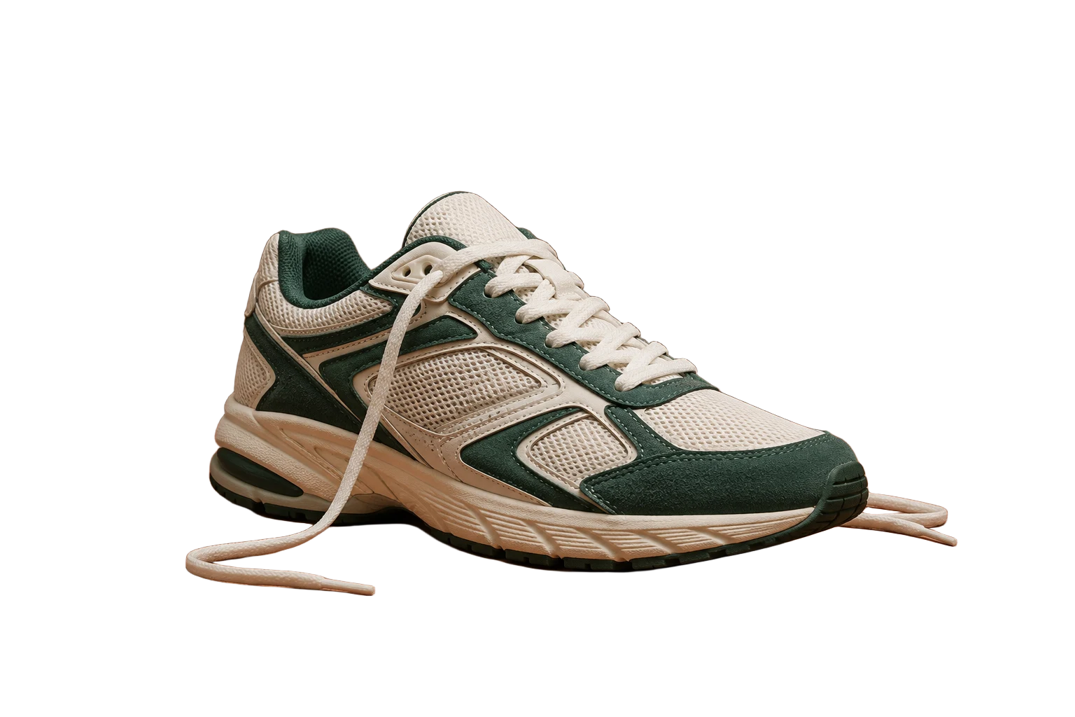 The cream and green sneaker after background removal, with its laces visible