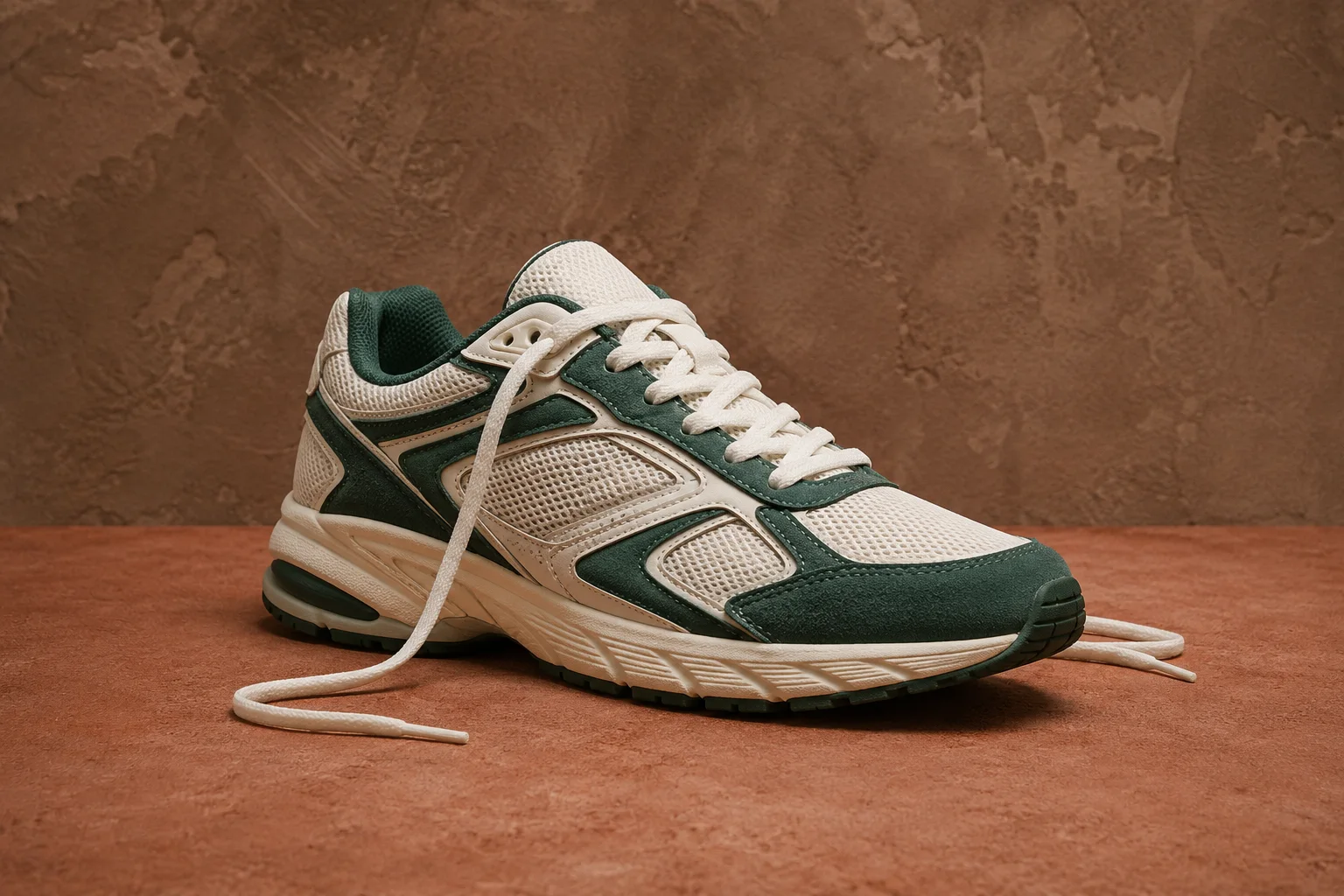 Cream and green sneaker with loose laces on a terracotta studio tabletop
