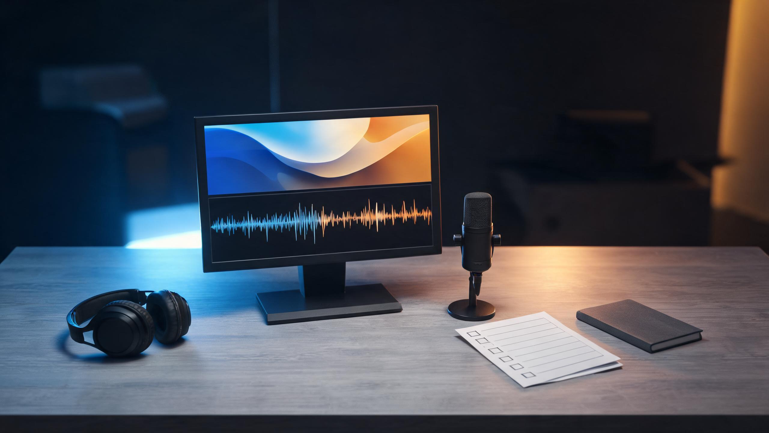 A calm post-production desk with headphones, an abstract video monitor, a waveform, and a paper review checklist