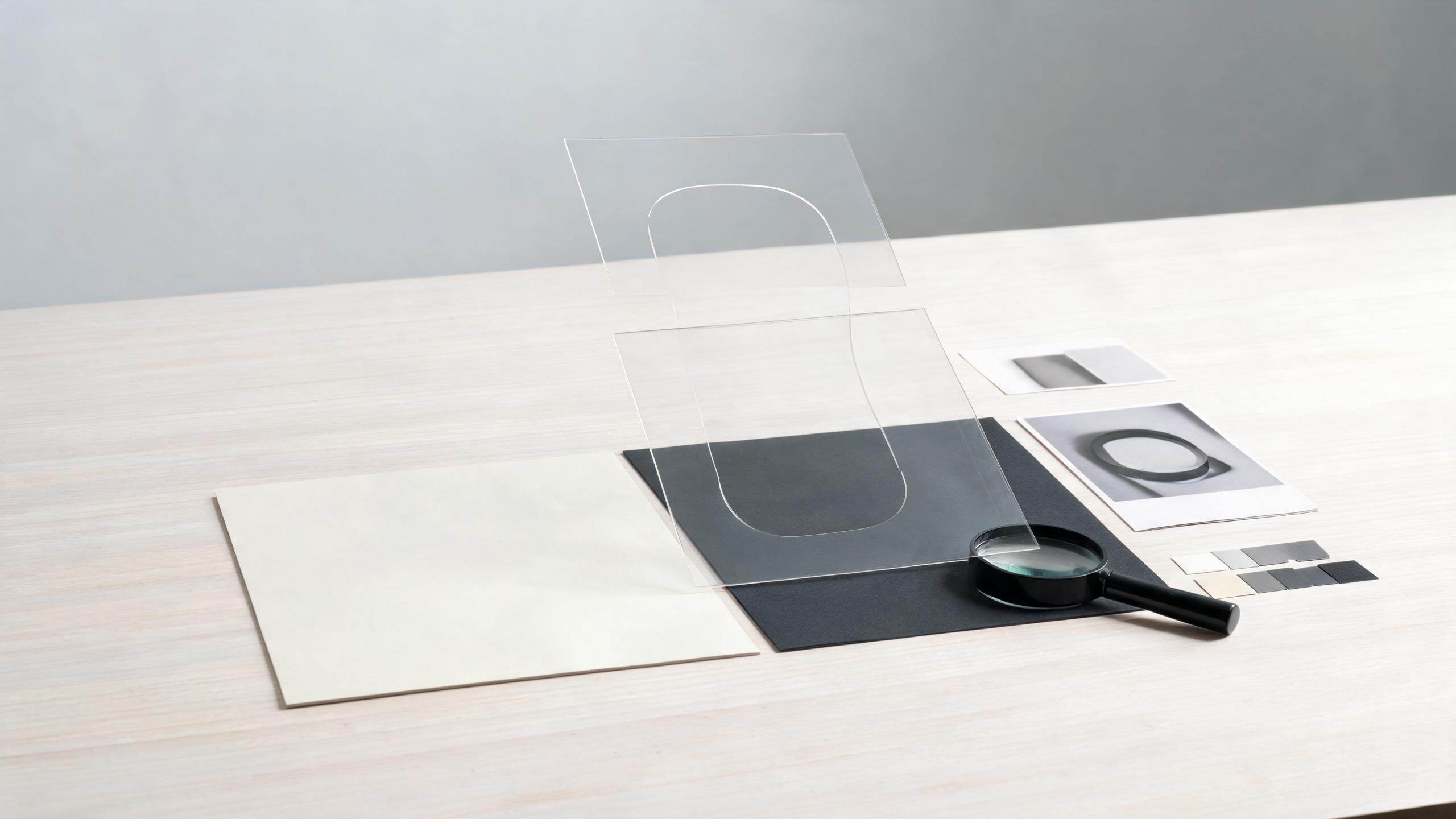 An editorial review desk with a transparent cutout printed on acetate above light and dark boards, a magnifier and original photo beside it, no readable text