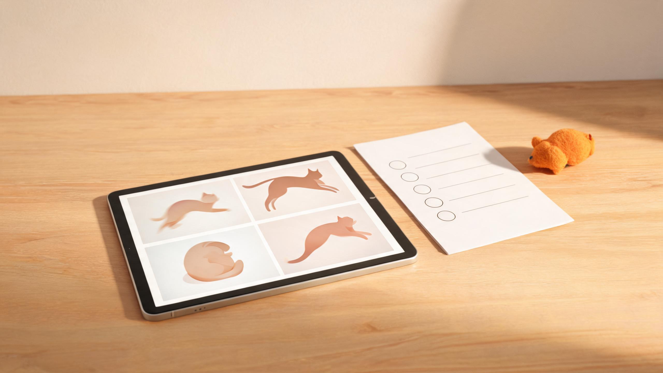 A review desk with abstract cat-motion frames and a blank visual checklist
