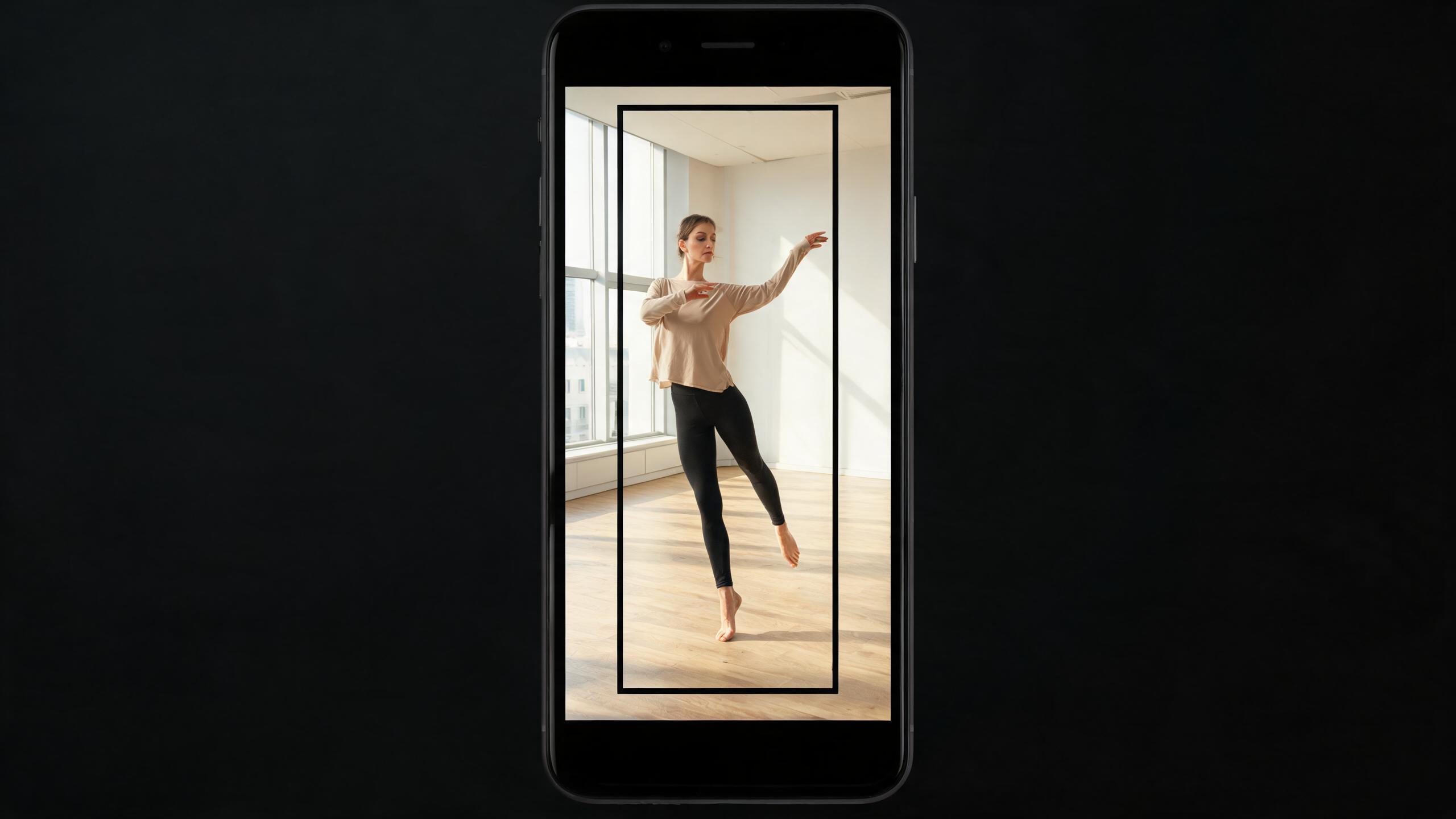 An adult dancer in a modest studio outfit is framed safely within a tall vertical guide on a generic phone