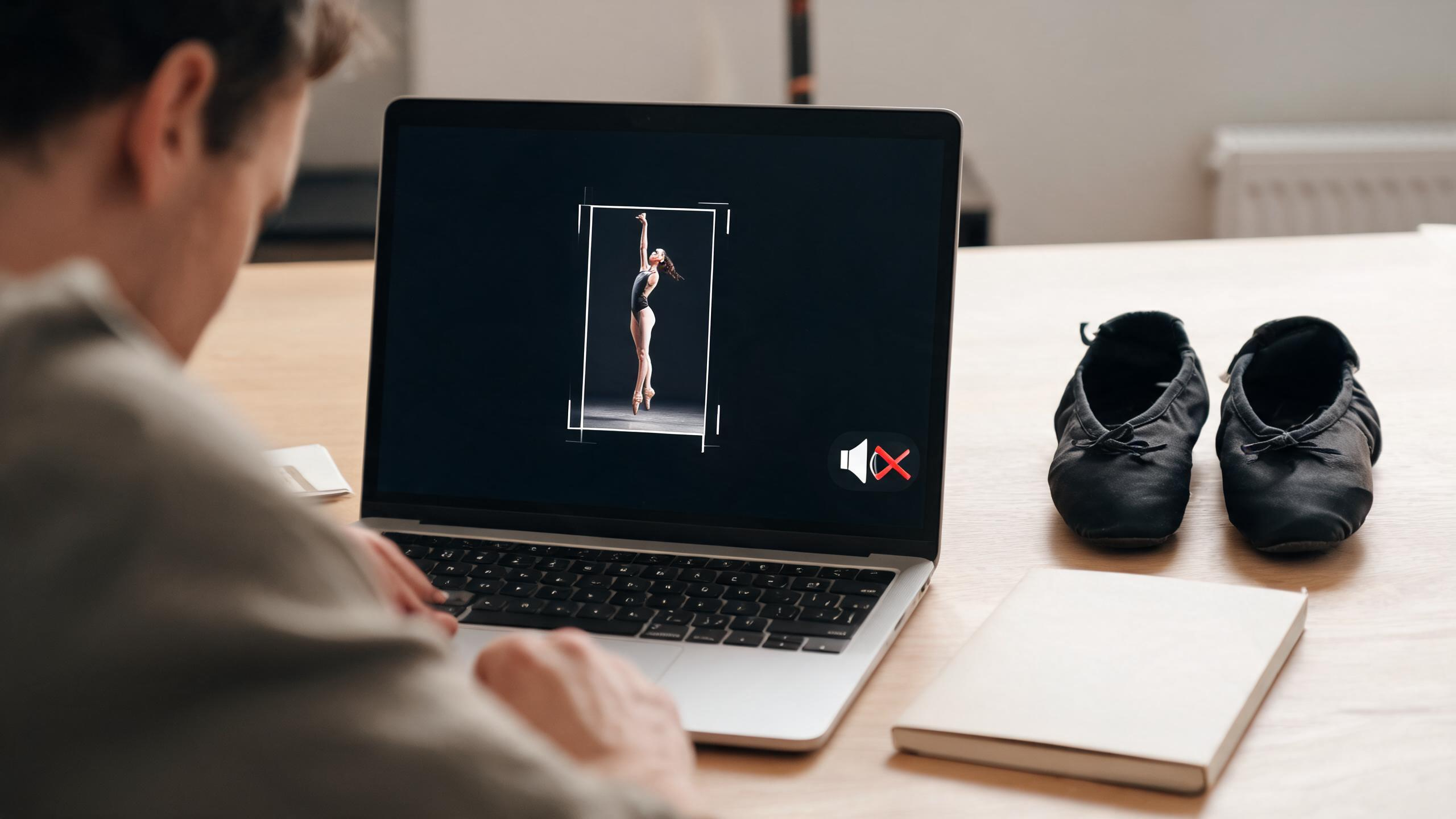 A creator reviews a generic vertical dance clip with simple crop guides and a muted-audio symbol beside dance shoes