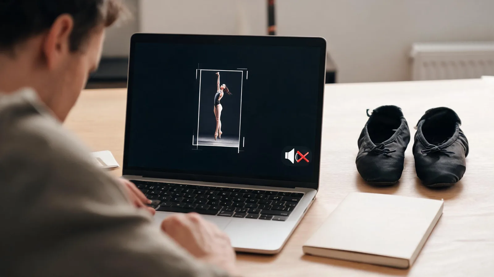 A creator reviews a generic vertical dance clip with simple crop guides and a muted-audio symbol beside dance shoes