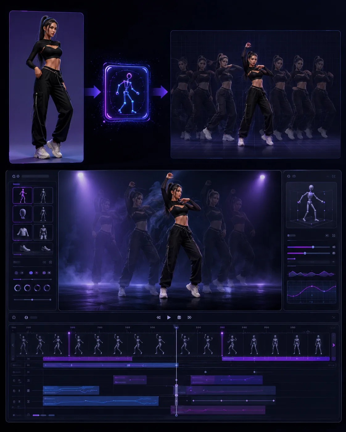 AI dance video generator concept with a character reference becoming dance motion template frames