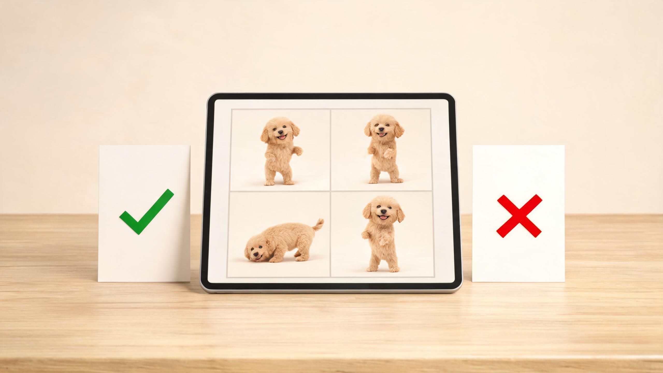 A review desk with abstract dog-motion frames and approval or reject cards