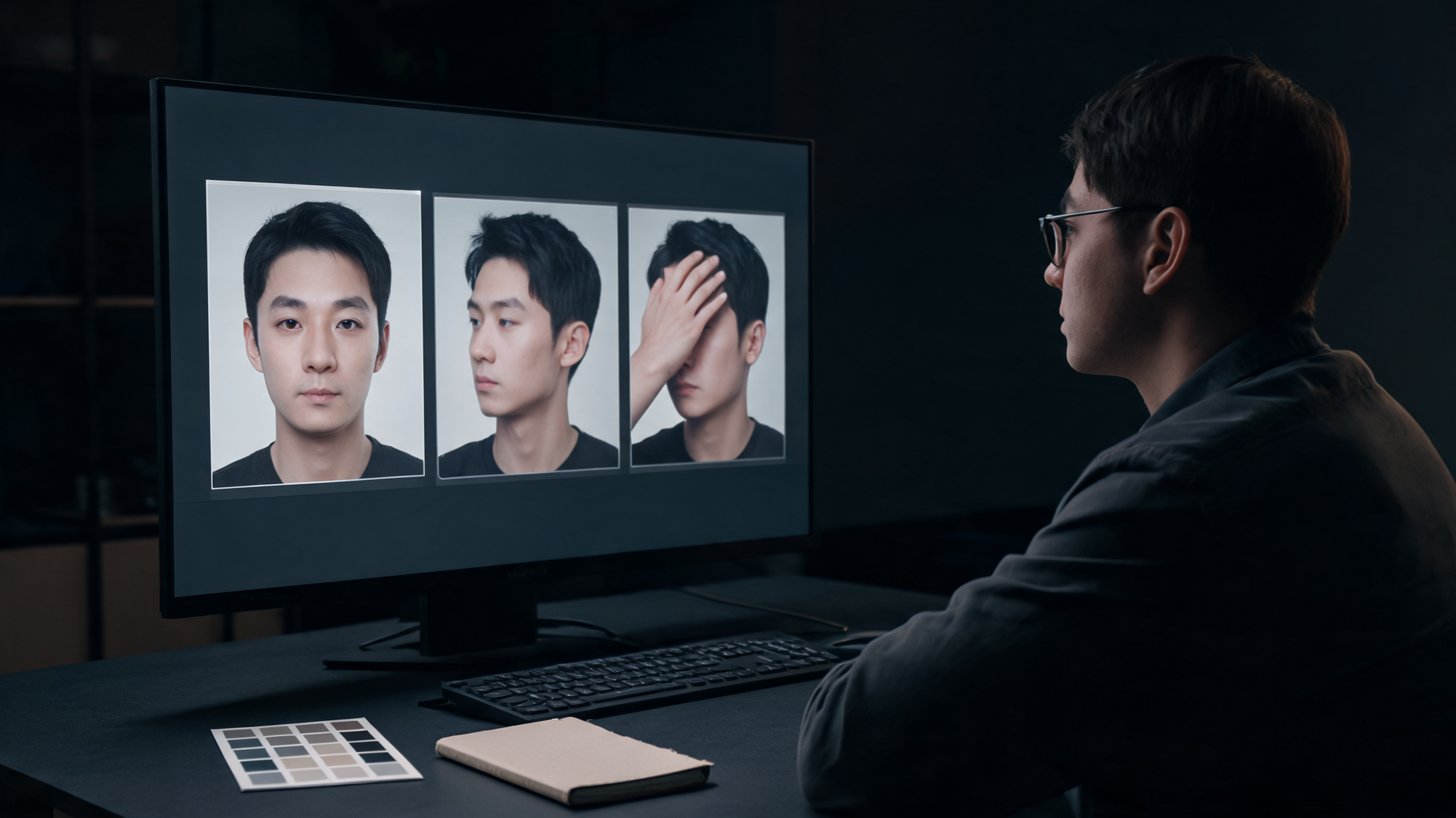 An editor checks generic source frames for frontal angle, profile angle, and a hand-over-face occlusion before approving a test