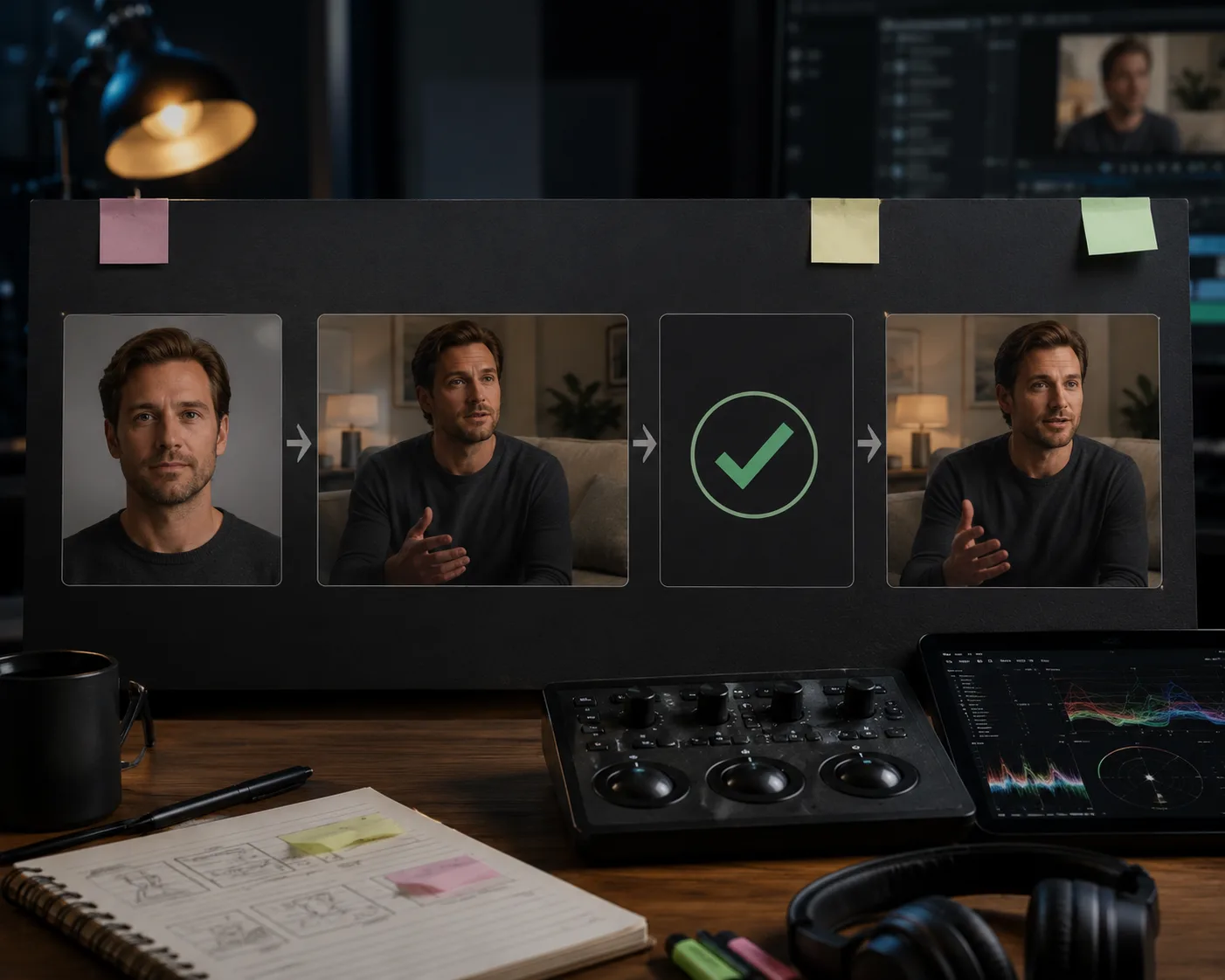 Safe AI face swap workflow board with reference, consent check, clip review, and final output