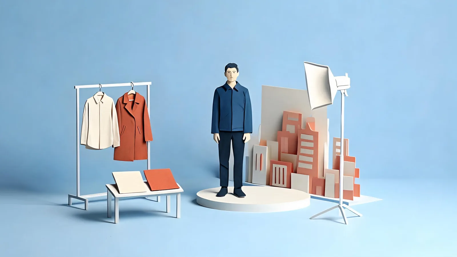 Cut-paper illustration of an adult in an imagined fashion studio with unbranded clothing references