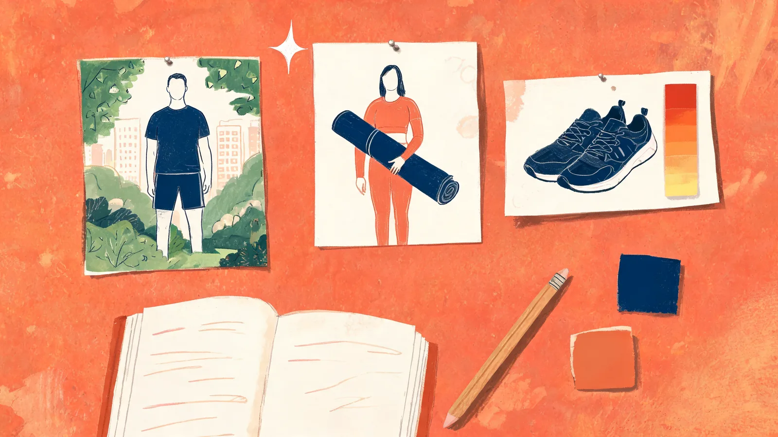 Illustrated desk mood board with adult fitness portrait concepts, running shoes and color swatches