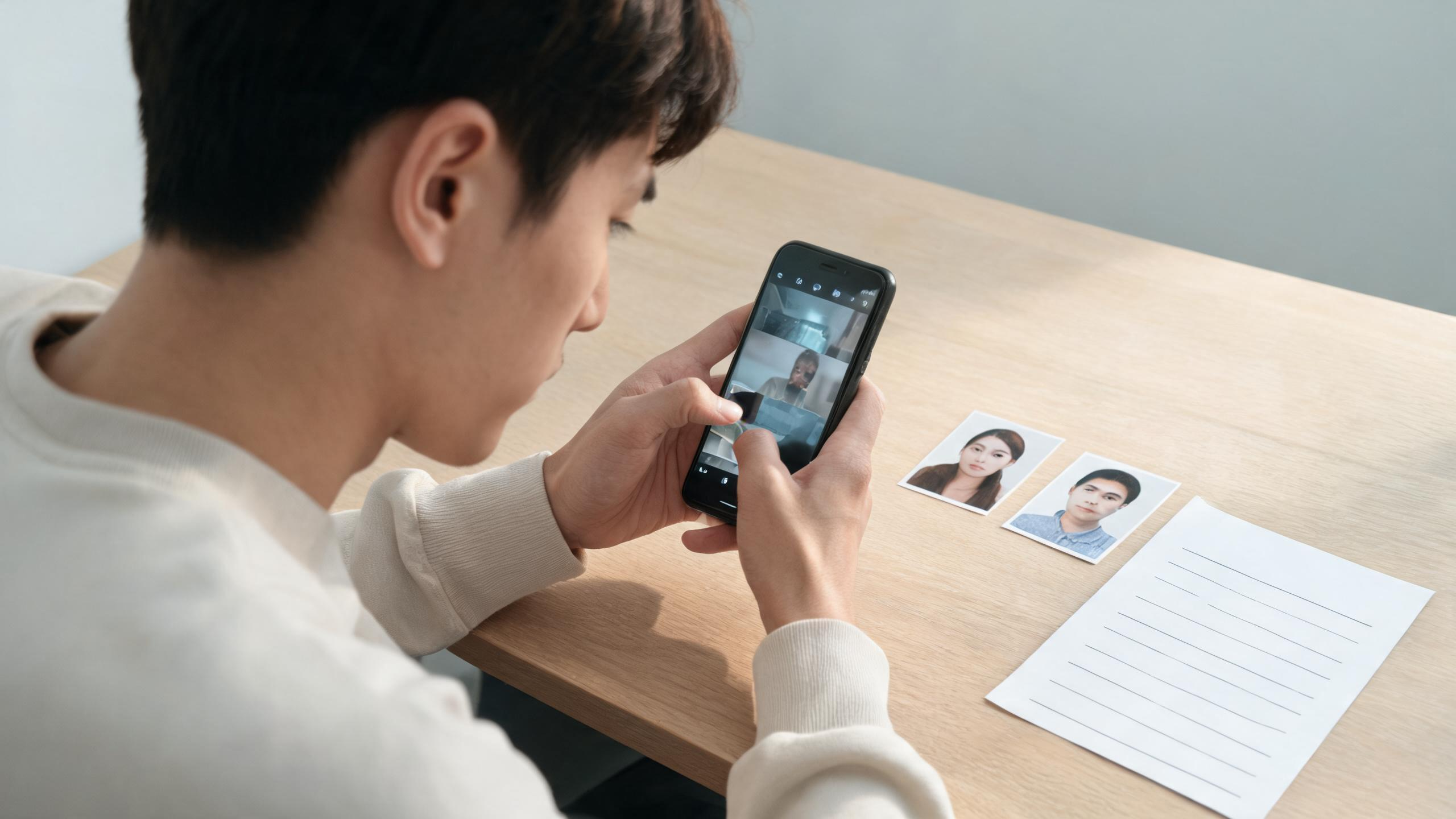 An adult creator reviews two approved anonymous portrait cards and a clear quality-mode decision board beside a phone video preview; no readable text or logos