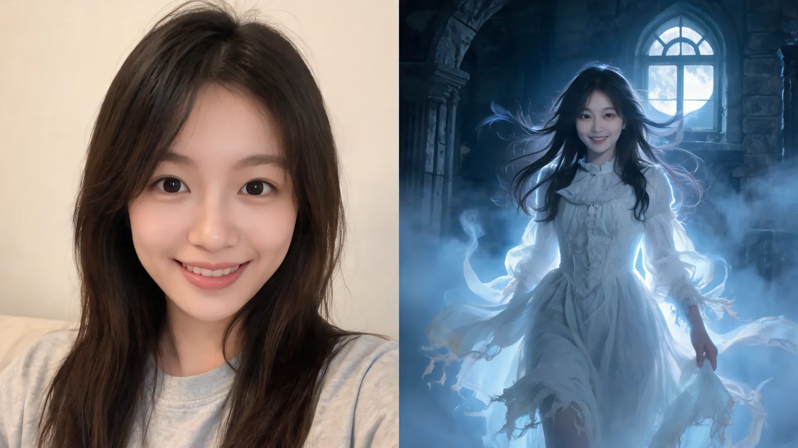 Illustrated concept of an ordinary selfie beside a Victorian ghost portrait with the same visible face