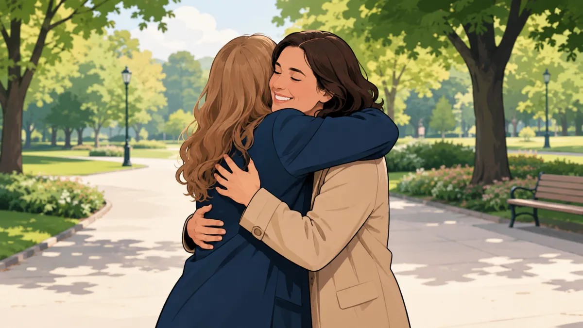 AI hug video effect storyboard with two fictional fully clothed adult friends, a modest greeting motion, and no text or logos
