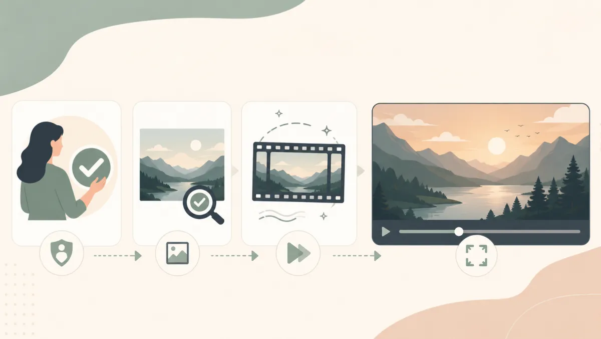 AI hug video effect review workflow showing consent confirmation, source-photo check, modest generation, and full-frame review with no readable interface