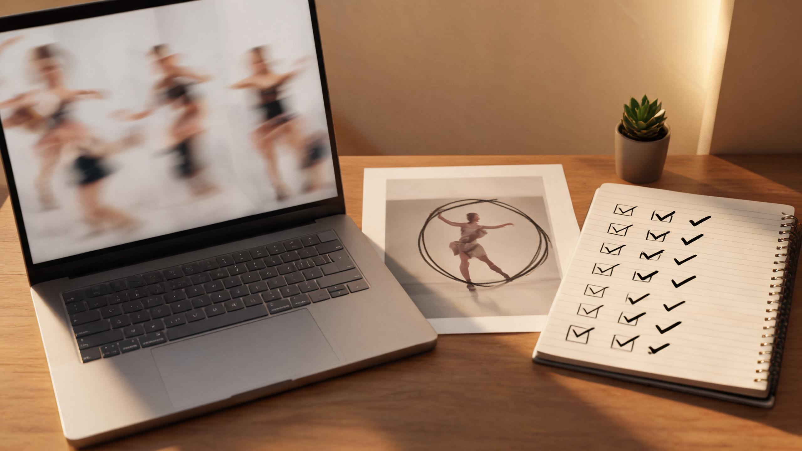 A tabletop review scene with abstract dance frames and a practical visual checklist