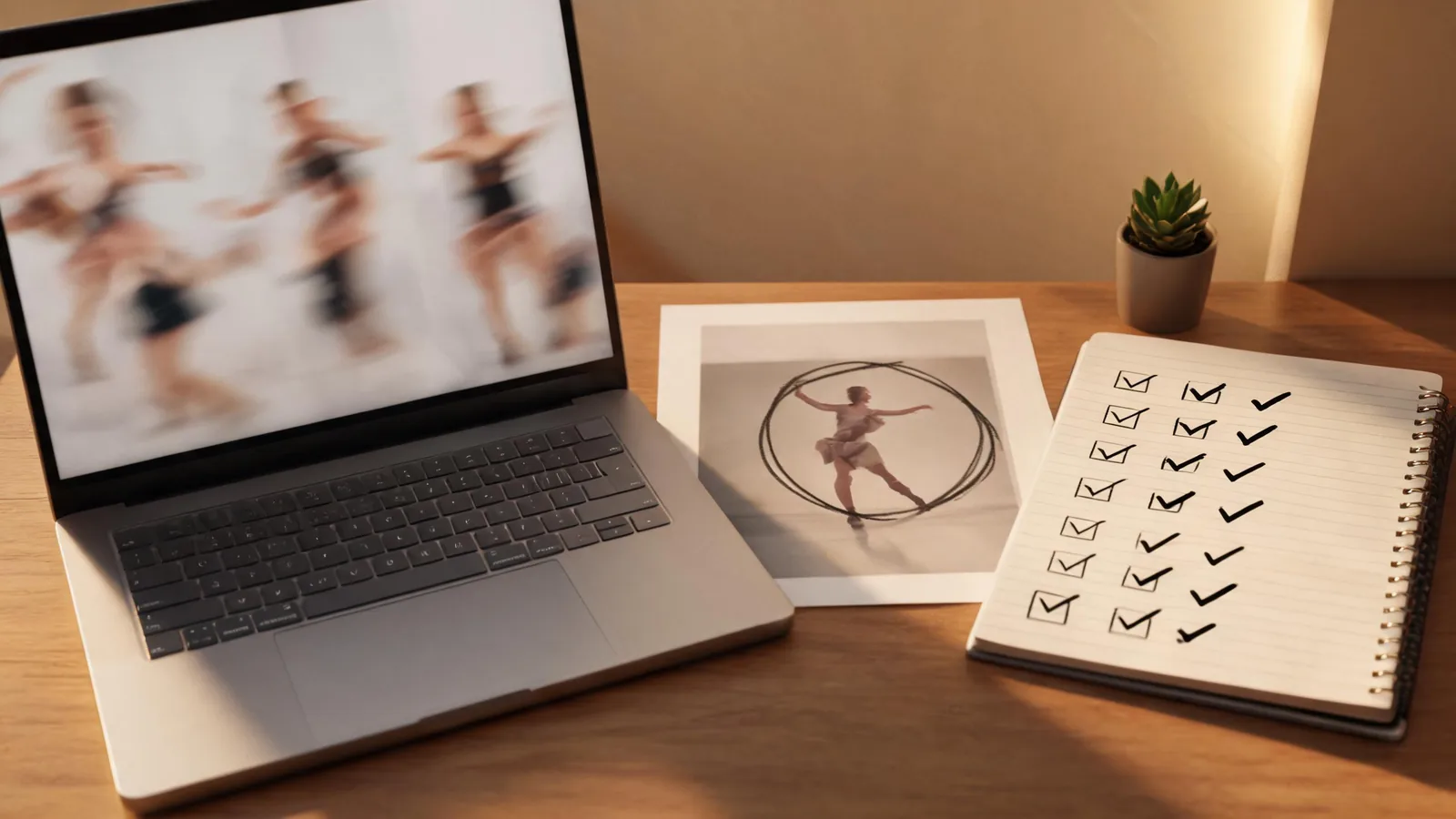 A tabletop review scene with abstract dance frames and a practical visual checklist