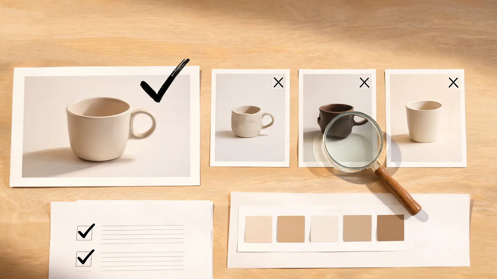 A top-down editorial decision board with one approved product photo flowing to a Fast lane and three labeled reference cards flowing to a Pro lane, warm studio colours, no interface text or logos