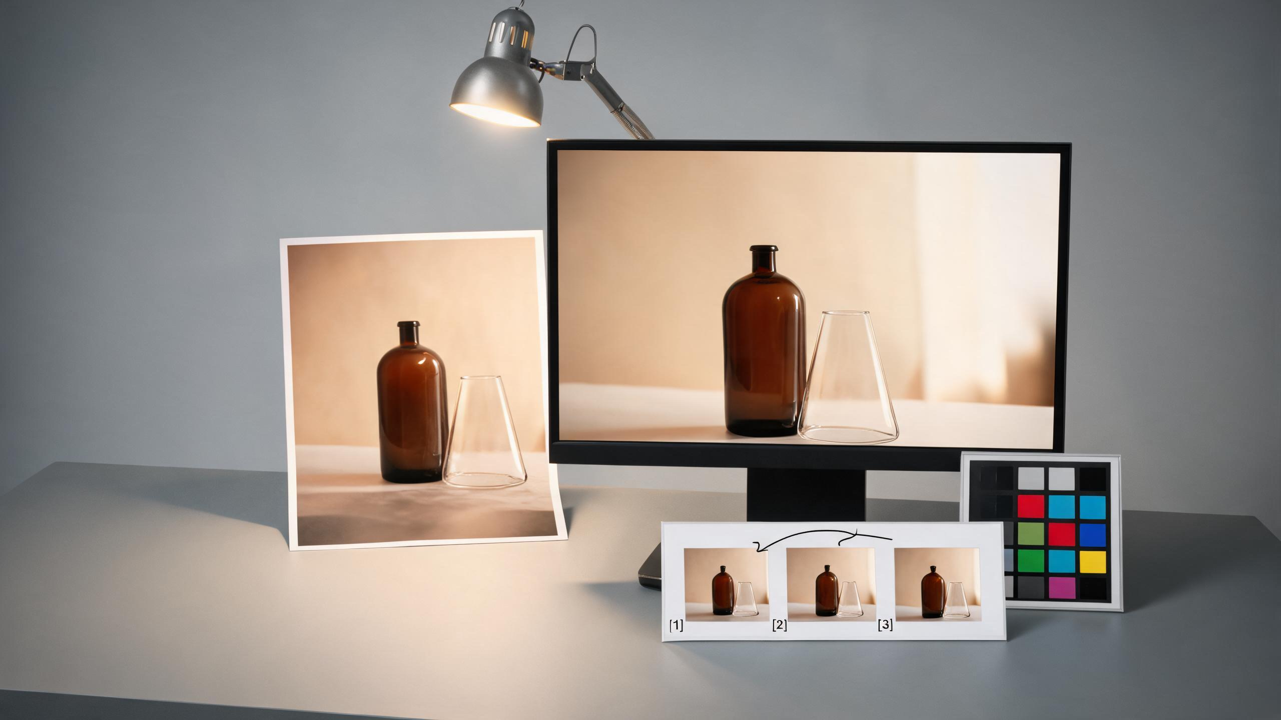 A restrained animation handoff scene: one approved still on a monitor beside a small storyboard with a single camera arrow, colour calibration card and original photo, no interface text