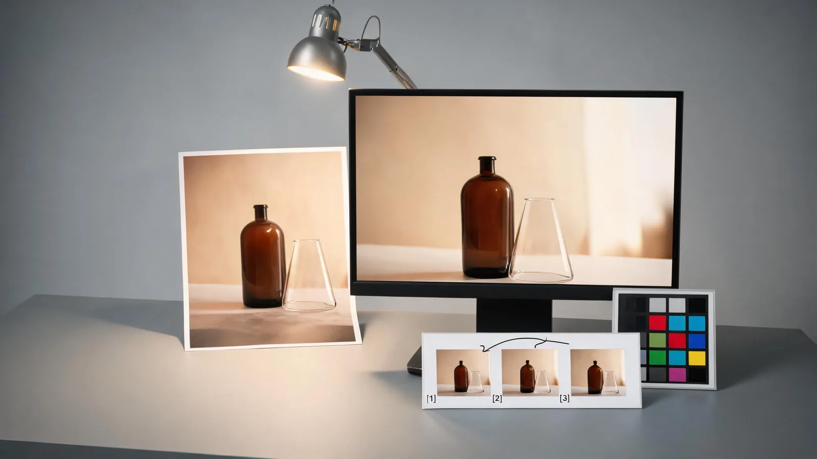 A restrained animation handoff scene: one approved still on a monitor beside a small storyboard with a single camera arrow, colour calibration card and original photo, no interface text