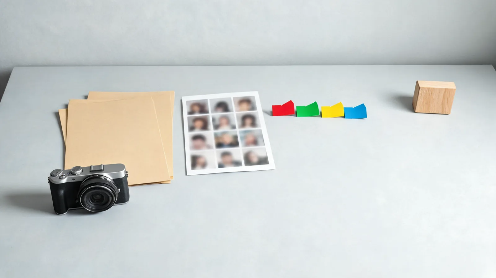 An editorial pre-upload approval board for AI photo-to-video: an authorized source photo card, consent scope checklist, audience and expiry markers, and a stop-before-upload decision; neutral professional desk scene; no readable text, logos, watermarks, branded interfaces, or identifiable real people