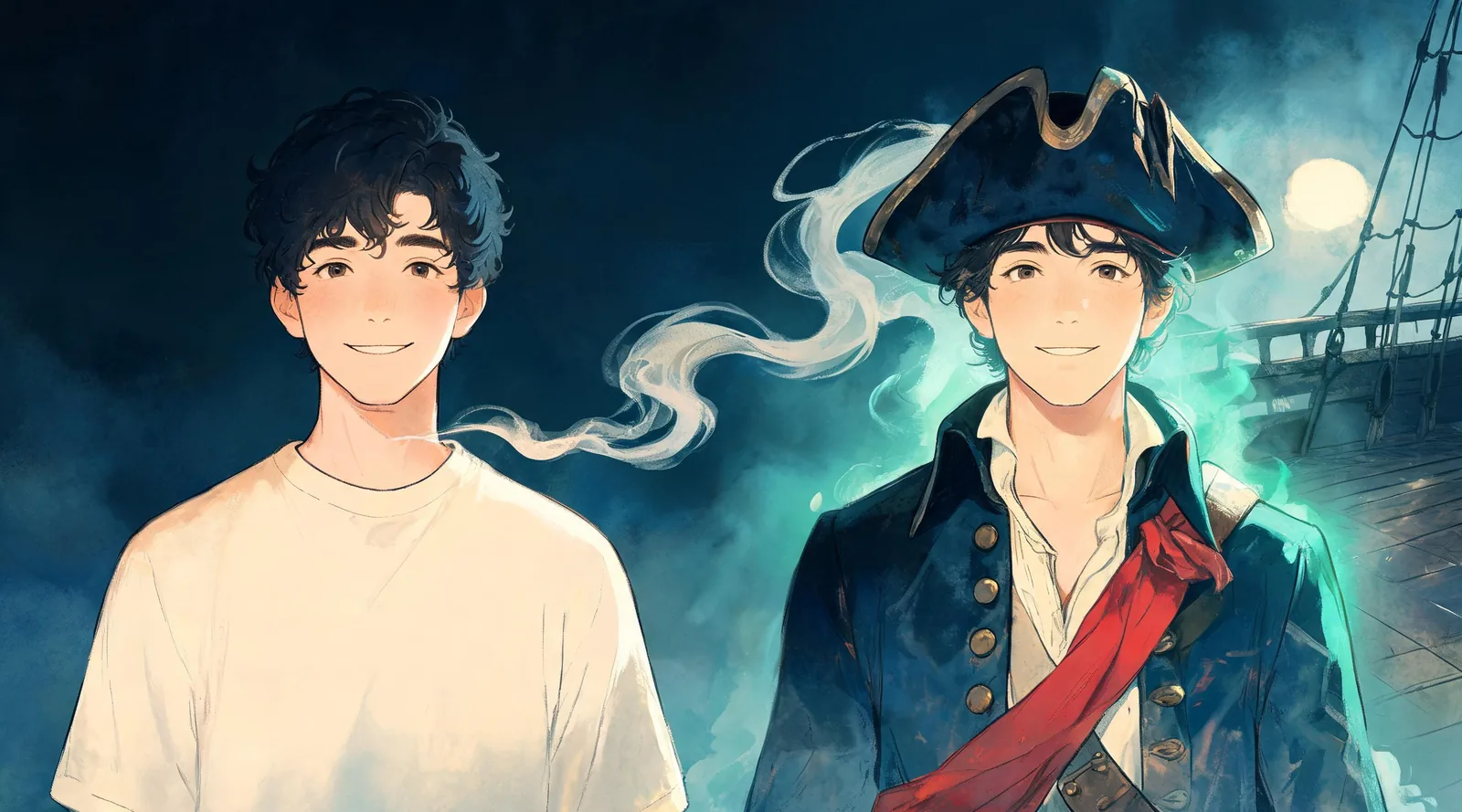 Editorial illustration pairing an everyday portrait with a ghost-ship pirate captain