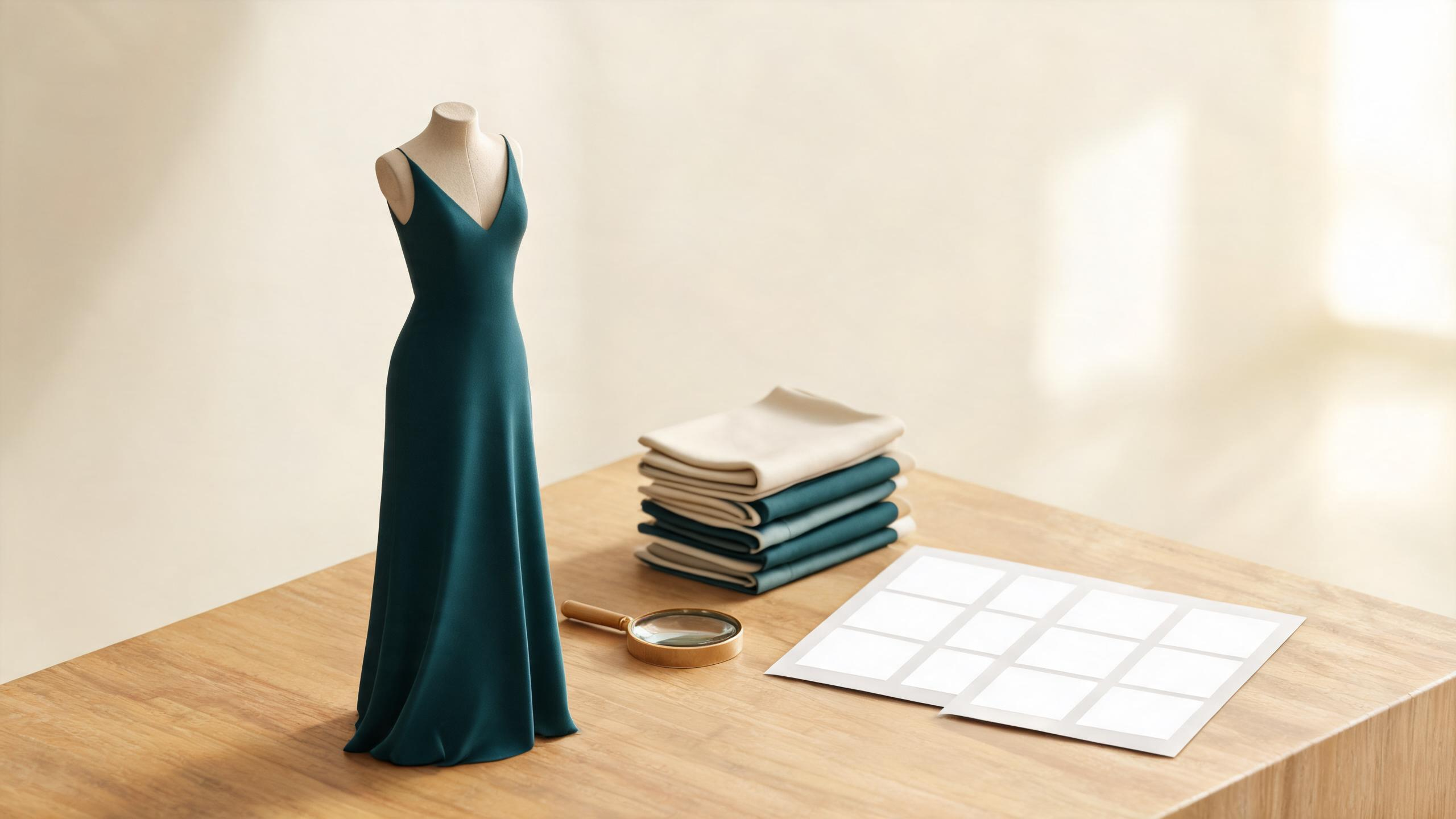 An adult formalwear review setup with a teal gown on a dress form, folded swatches, a magnifier, and blank proof sheets