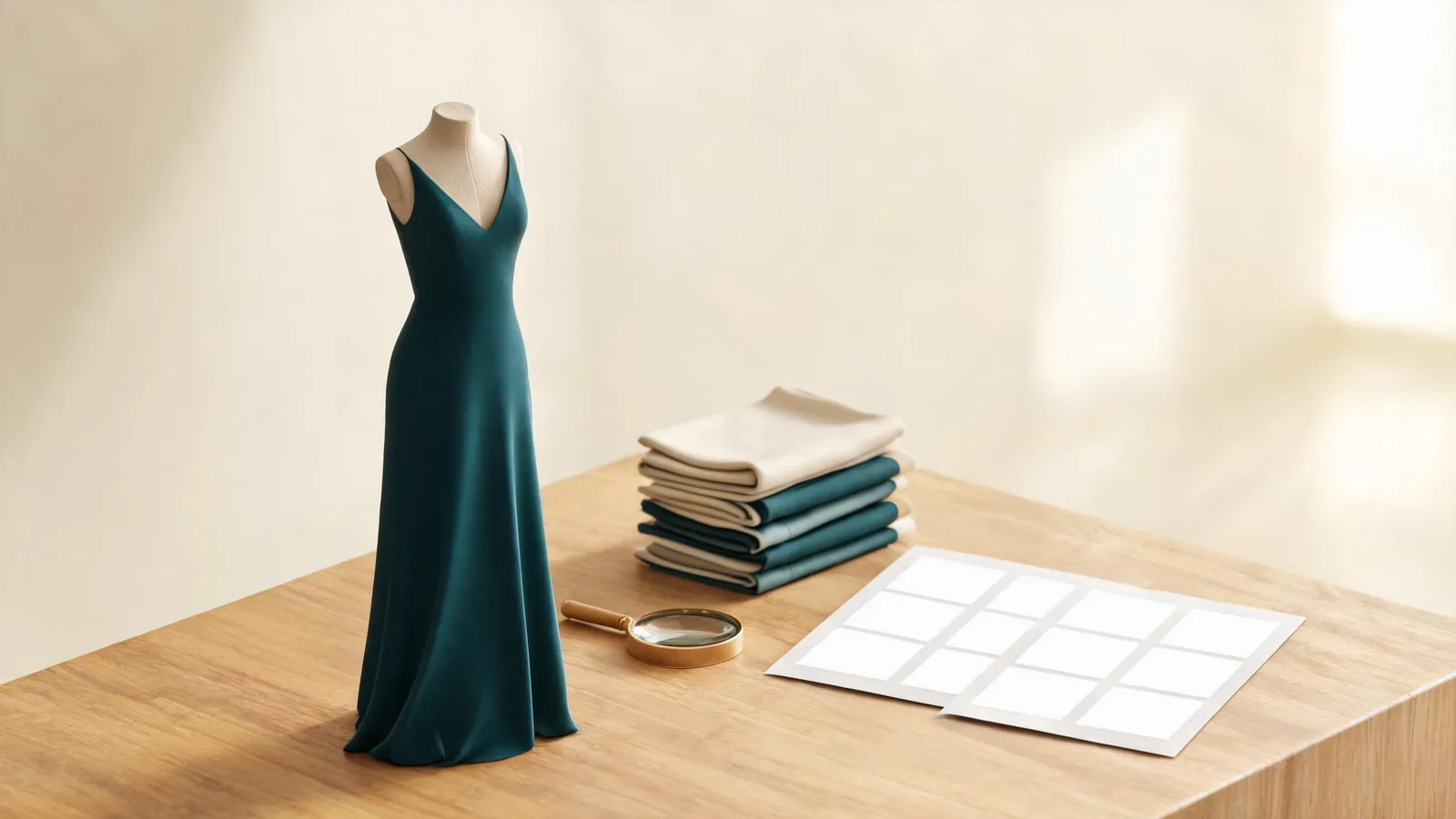An adult formalwear review setup with a teal gown on a dress form, folded swatches, a magnifier, and blank proof sheets