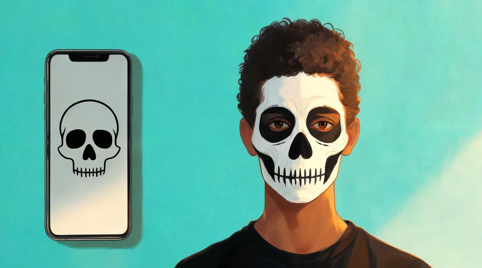 Editorial illustration of an adult with theatrical skull face paint beside a phone