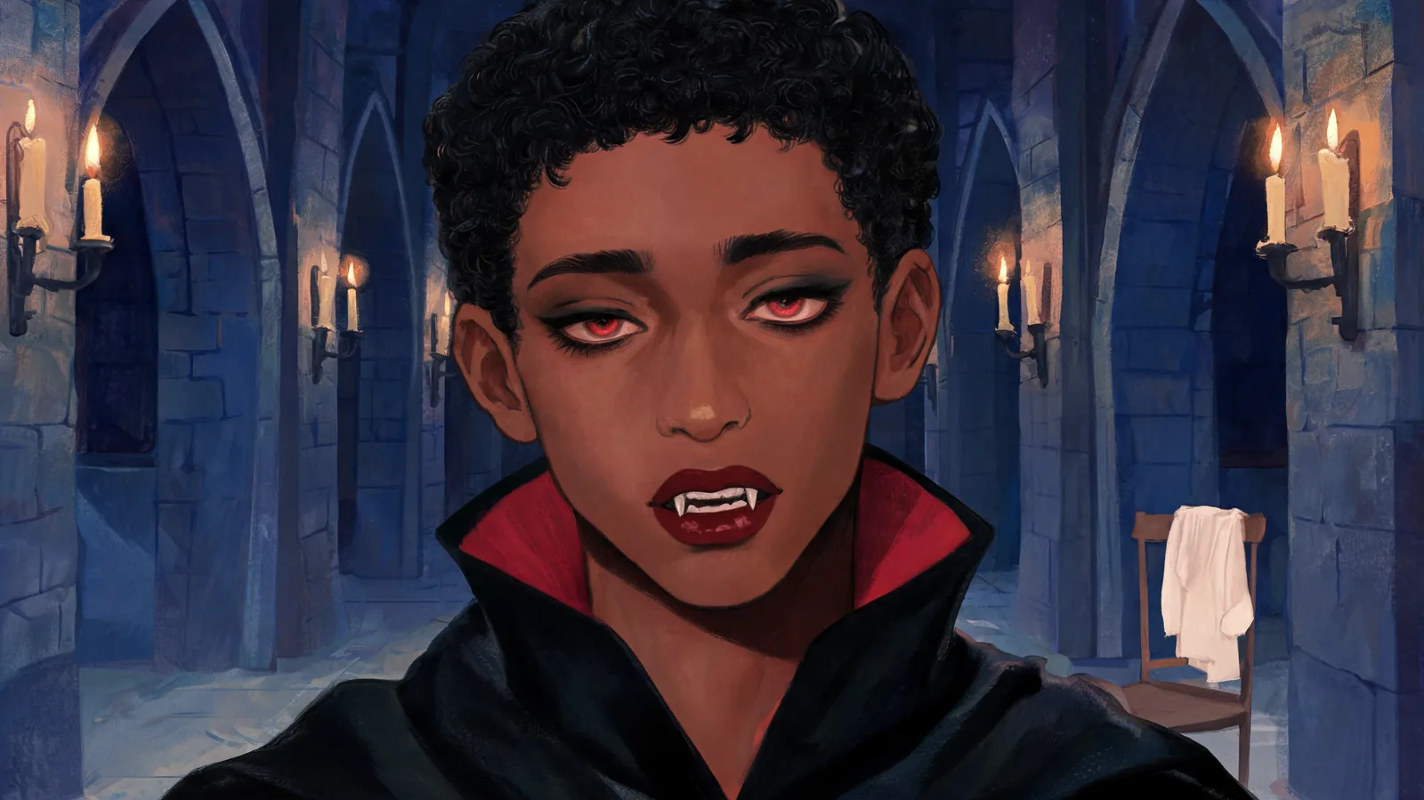Illustrated vampire portrait with warm brown skin, small costume fangs and a black cape with red lining