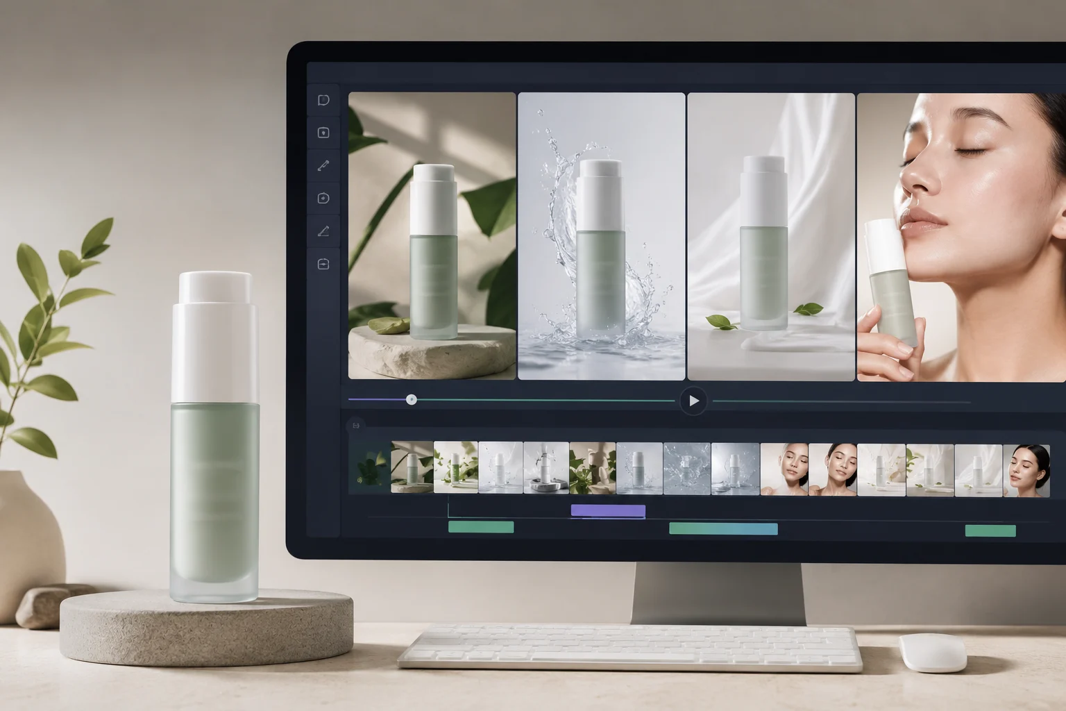 Product-photo AI video ad workflow showing product image, prompt notes, and short ad frames