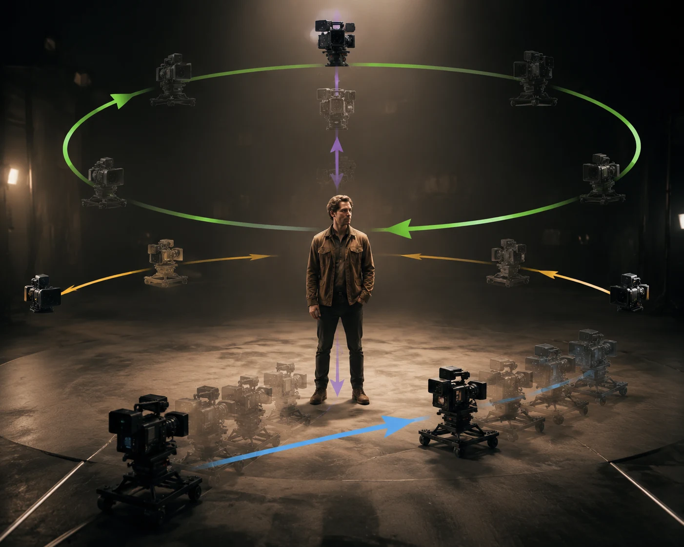 AI video camera movement prompts showing pan, zoom, dolly, and orbit directions around a subject