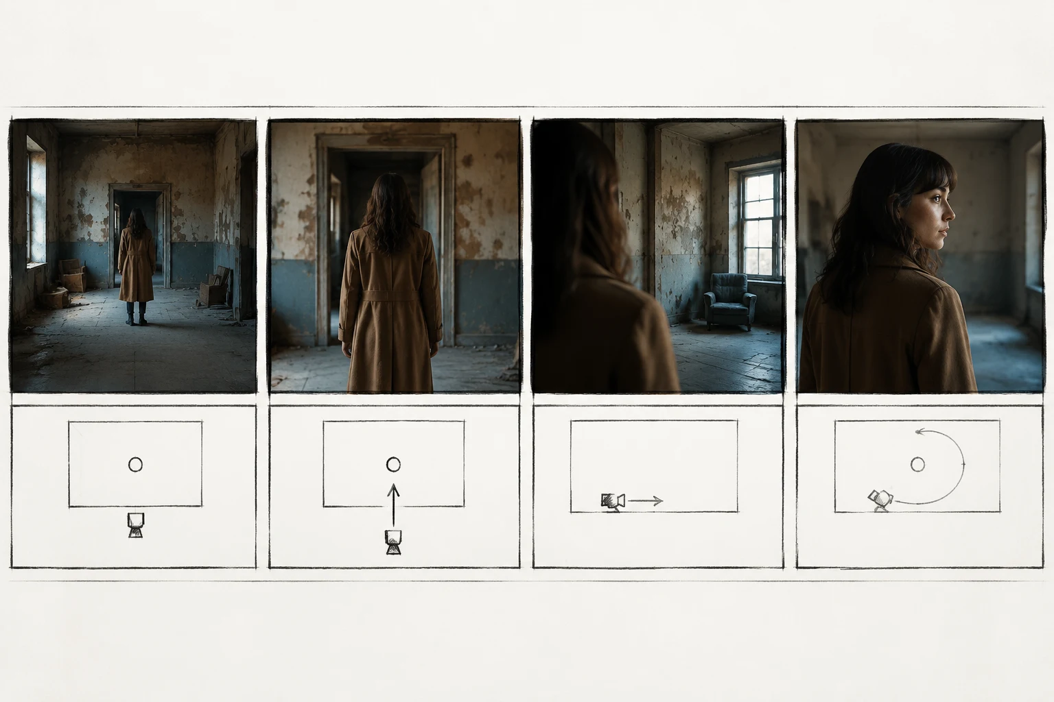 Storyboard strip showing locked-off, dolly push-in, pan, and orbit shot plans for AI video