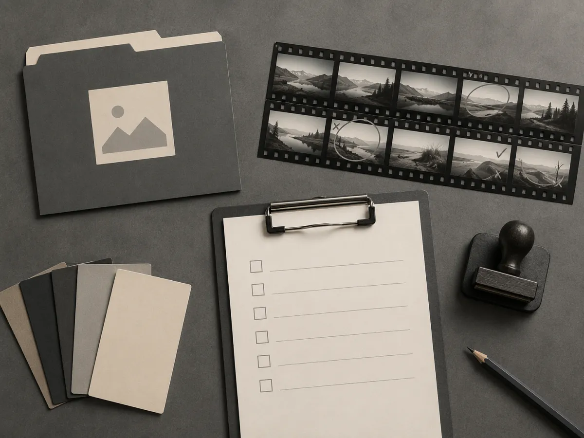 Marketing video approval desk scene with a protected source-image folder, a generic rights checklist card, a frame review strip, and a publish approval stamp shape, no people, no words, no logos
