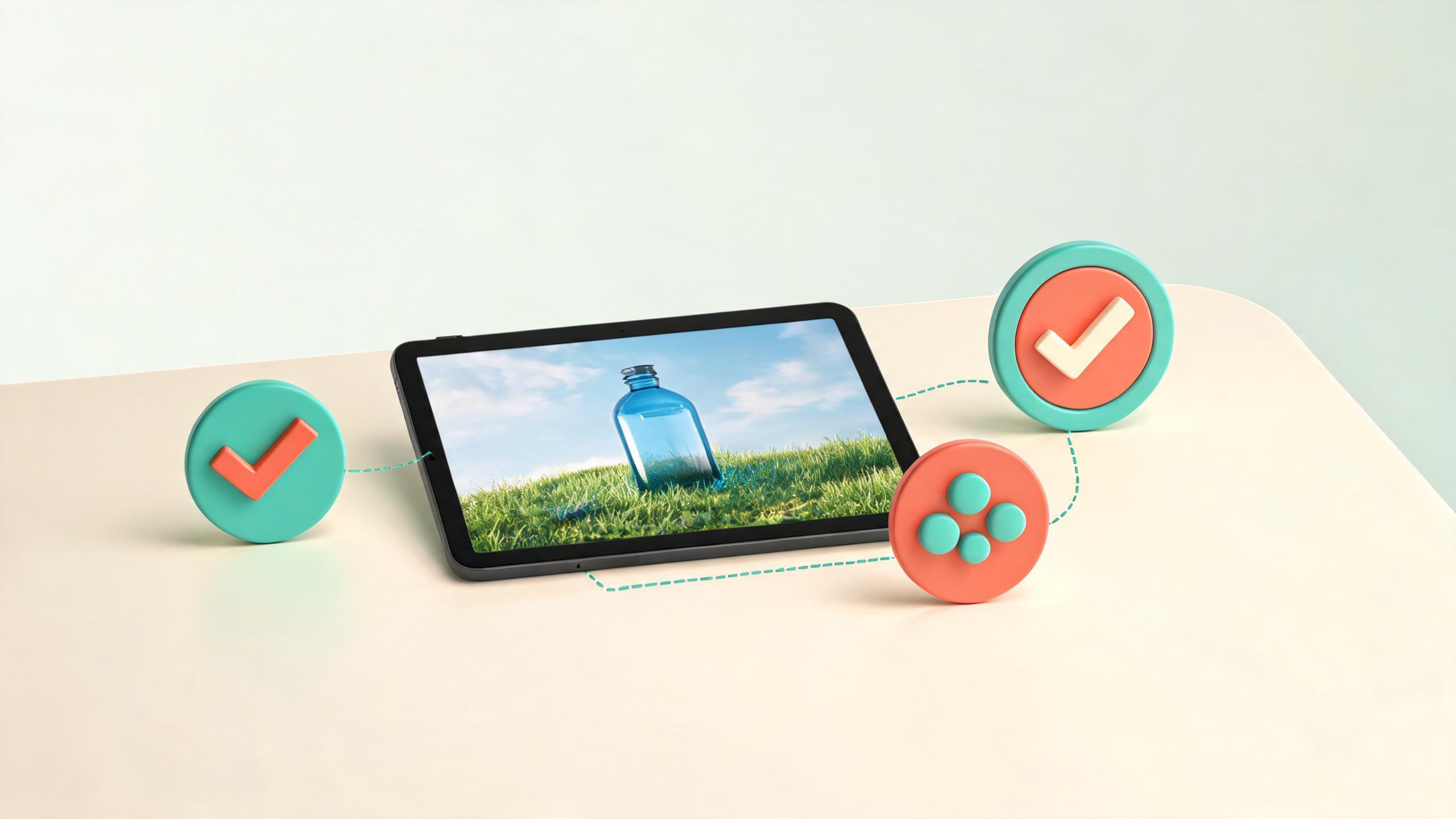 A tablet displaying a generic product scene sits beside three simple approval and audience-context markers connected in a review path.