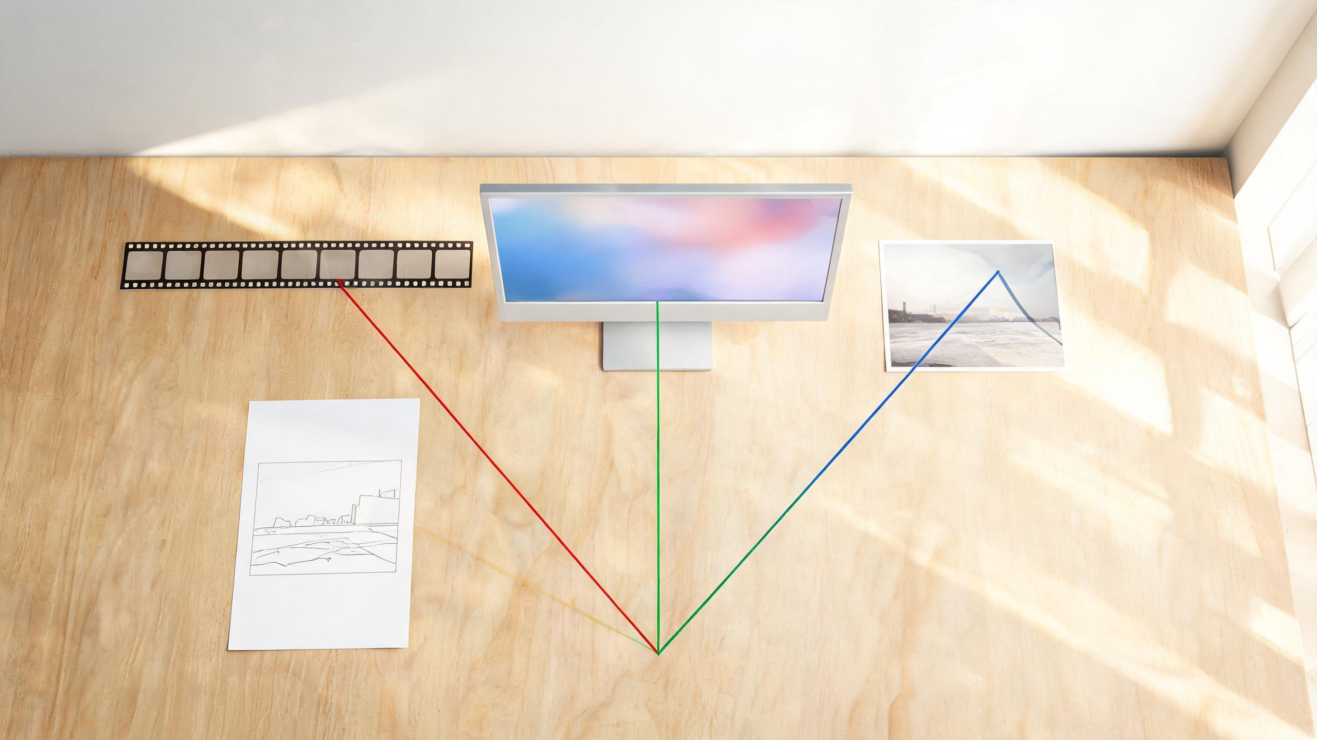 A film strip, still image, and scene sketch connect by colored paths to one monitor, illustrating that the right workflow depends on the source asset