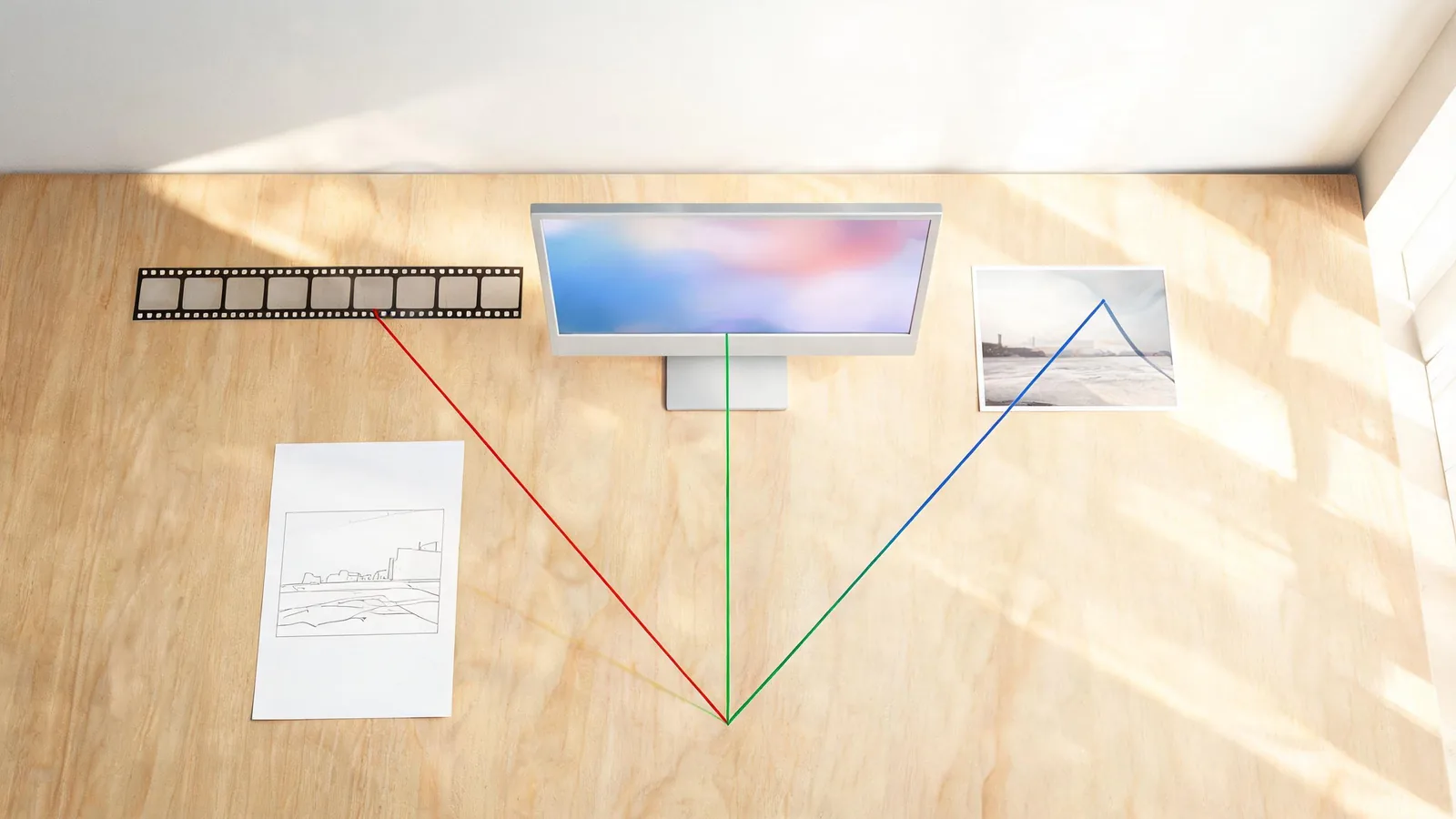 A film strip, still image, and scene sketch connect by colored paths to one monitor, illustrating that the right workflow depends on the source asset