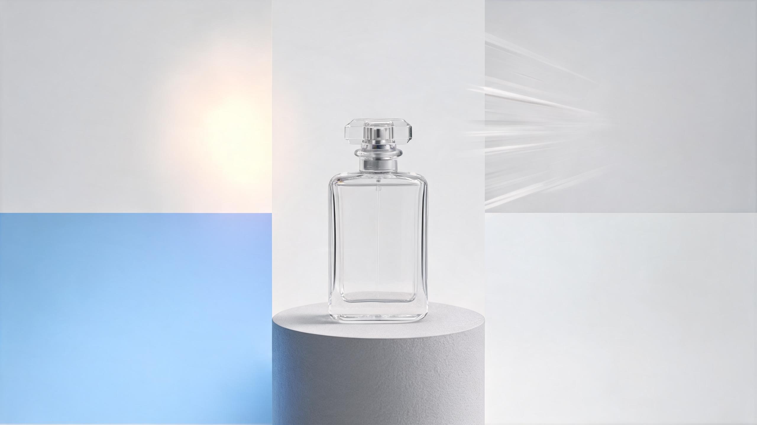 An unbranded clear glass bottle is framed by separate soft-light treatments that suggest different restrained visual effects