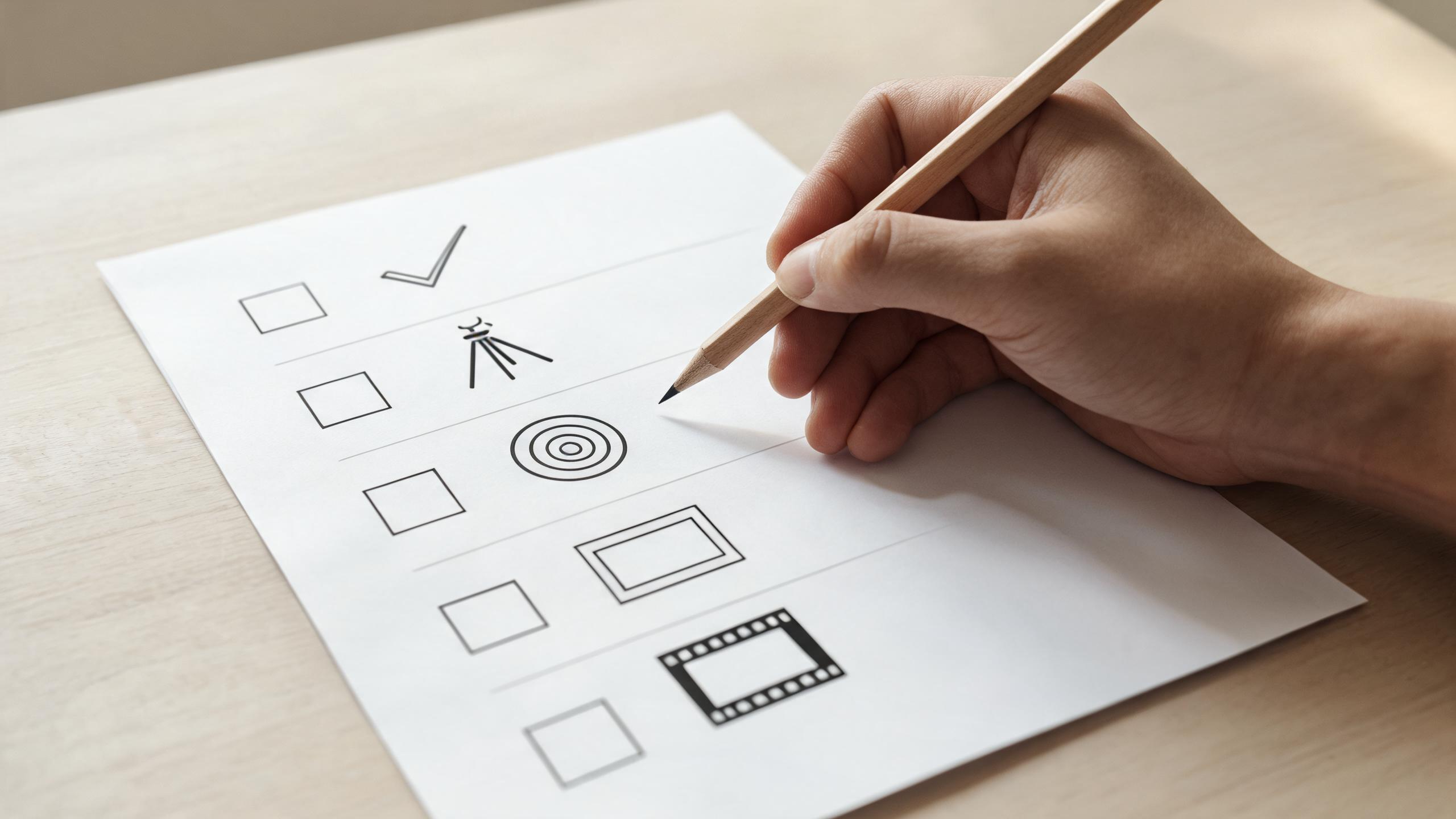 A calm paper review setup with simple visual symbols for source rights, subject stability, accurate claims, crop safety, and final-frame approval