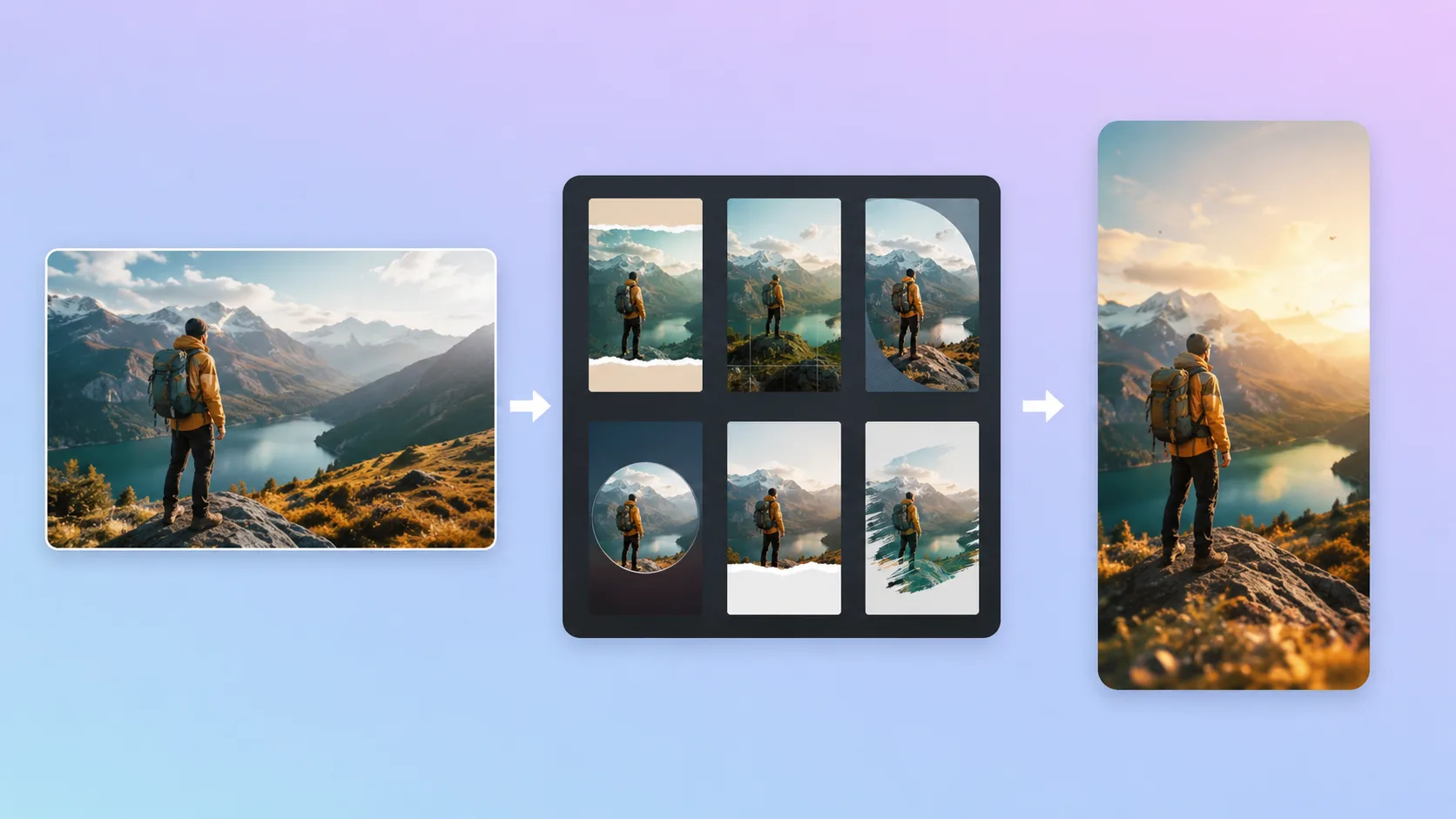 A simple editorial flow from one clear photo through template selection to a short vertical clip, with generic icons and no product interface