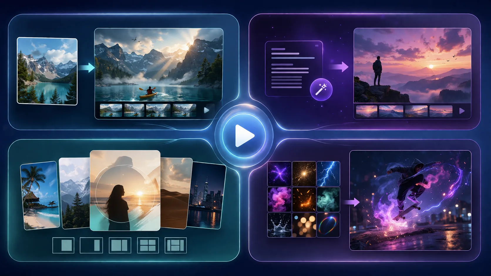 A clean four-panel concept map for image-to-video, text-to-video, templates, and effects, showing generic adult-safe scenes with no logos or readable UI